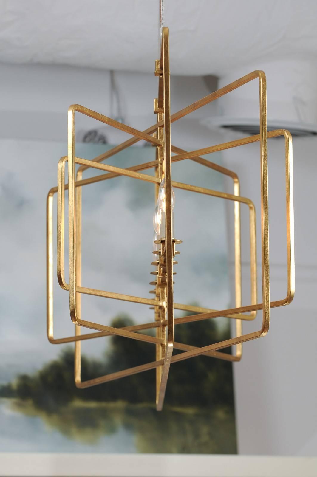 Gilded Eight-Light Wrought-Iron Chandelier with Multiple Layered Rectangles 1