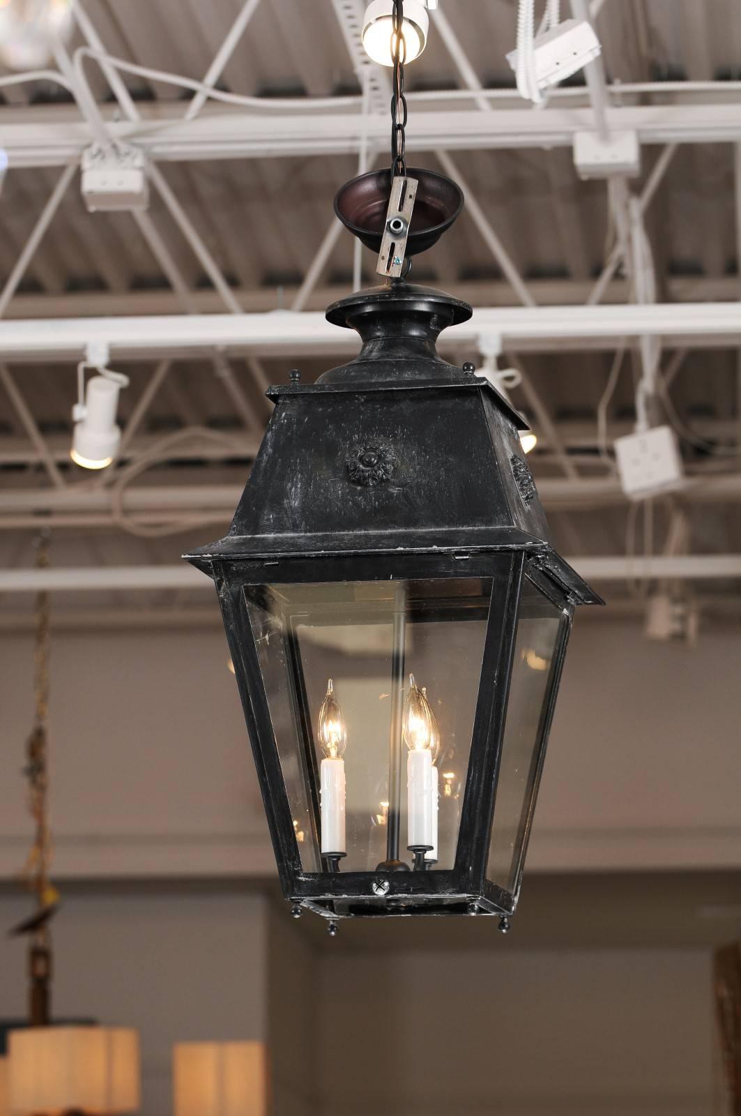 French Antique Black Metal Three-Light Lanterns with Glass Panels and Rosettes In Good Condition In Atlanta, GA