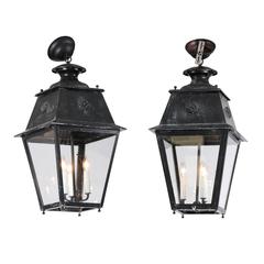 French Antique Black Metal Three-Light Lanterns with Glass Panels and Rosettes