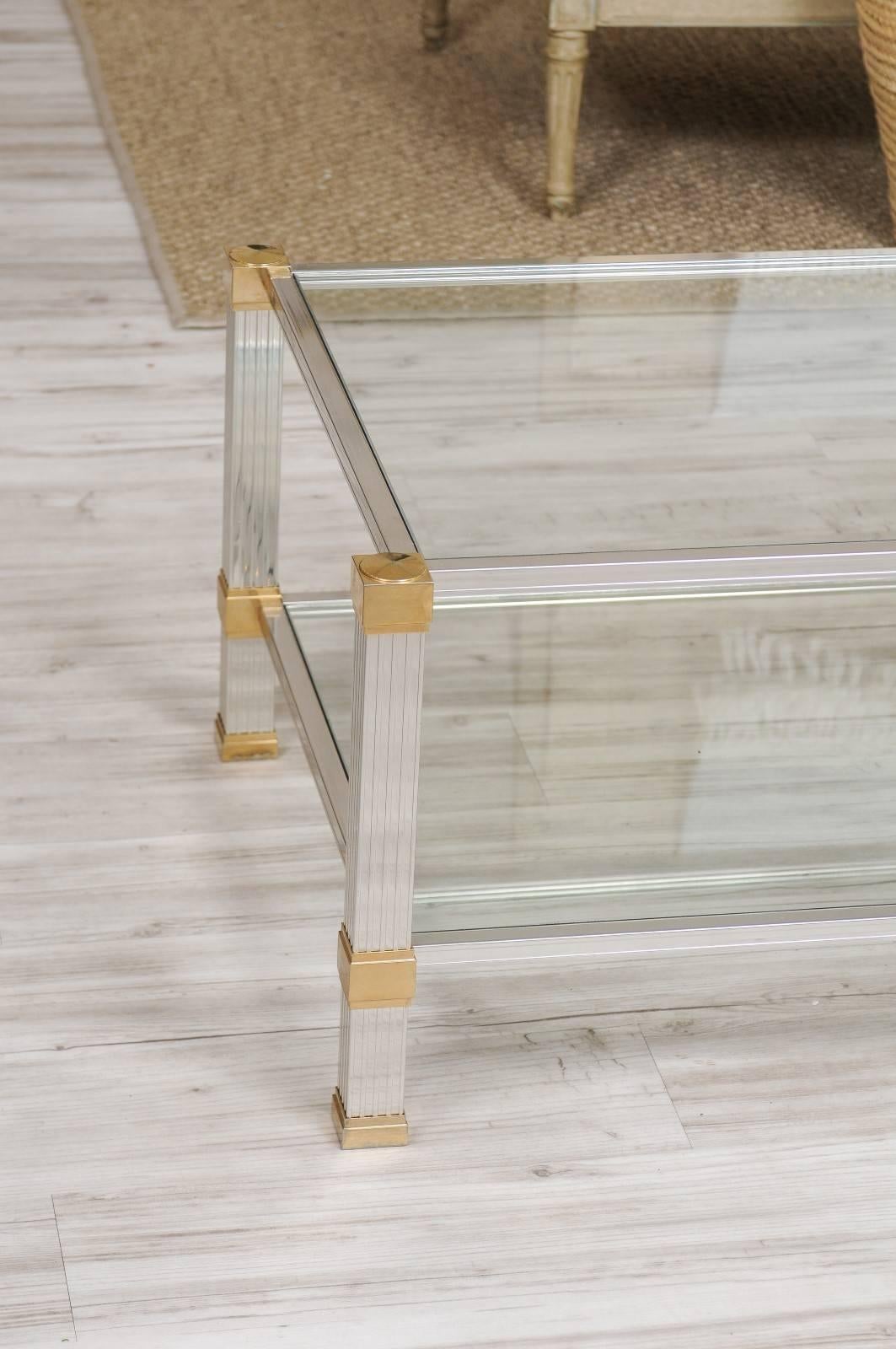 French Mid-Century Coffee Table by Pierre Vandel Made of Brass, Chrome and Glass In Good Condition For Sale In Atlanta, GA