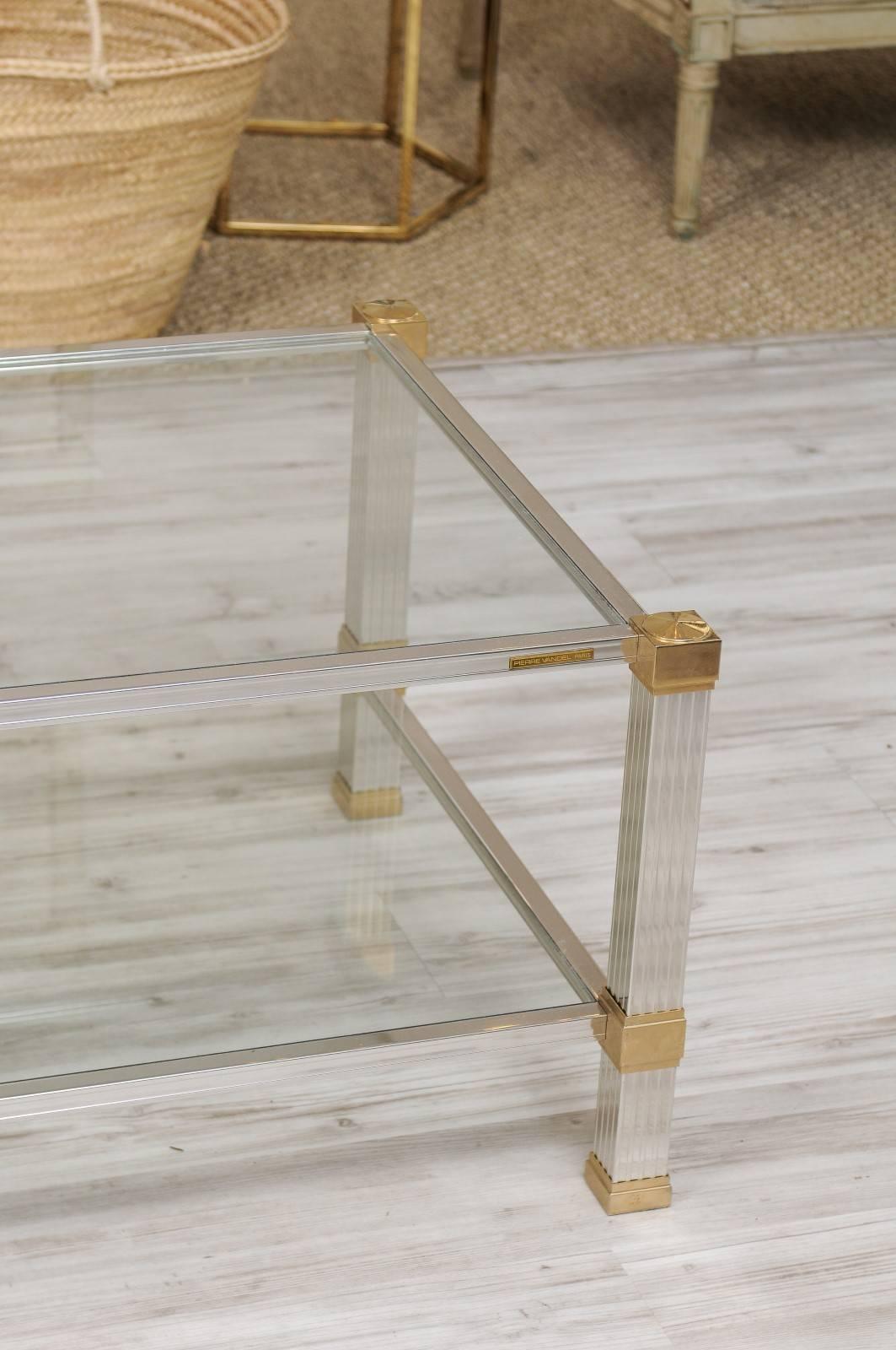 20th Century French Mid-Century Coffee Table by Pierre Vandel Made of Brass, Chrome and Glass For Sale