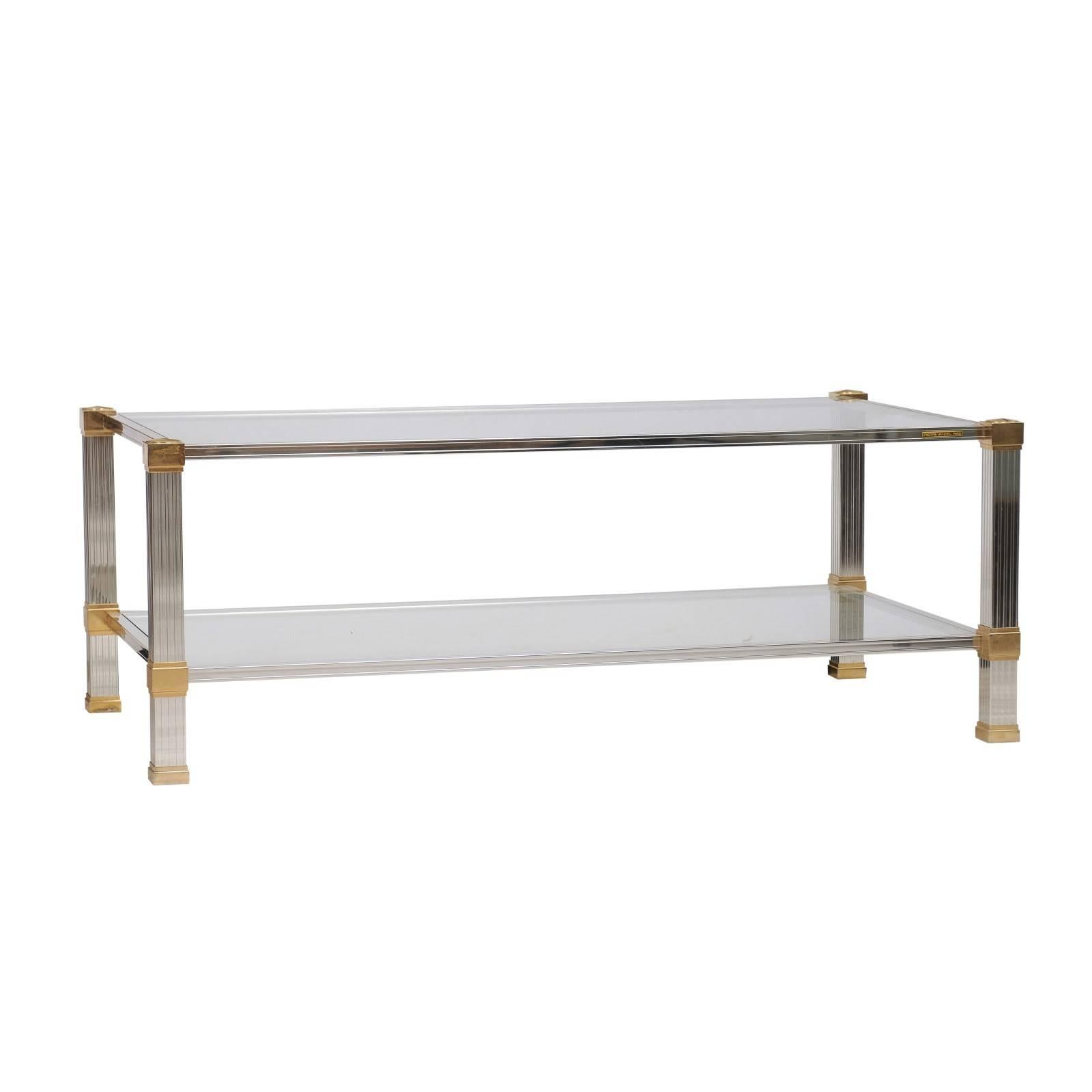 French Mid-Century Coffee Table by Pierre Vandel Made of Brass, Chrome and Glass For Sale