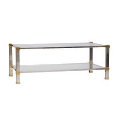 French Mid-Century Coffee Table by Pierre Vandel Made of Brass, Chrome and Glass