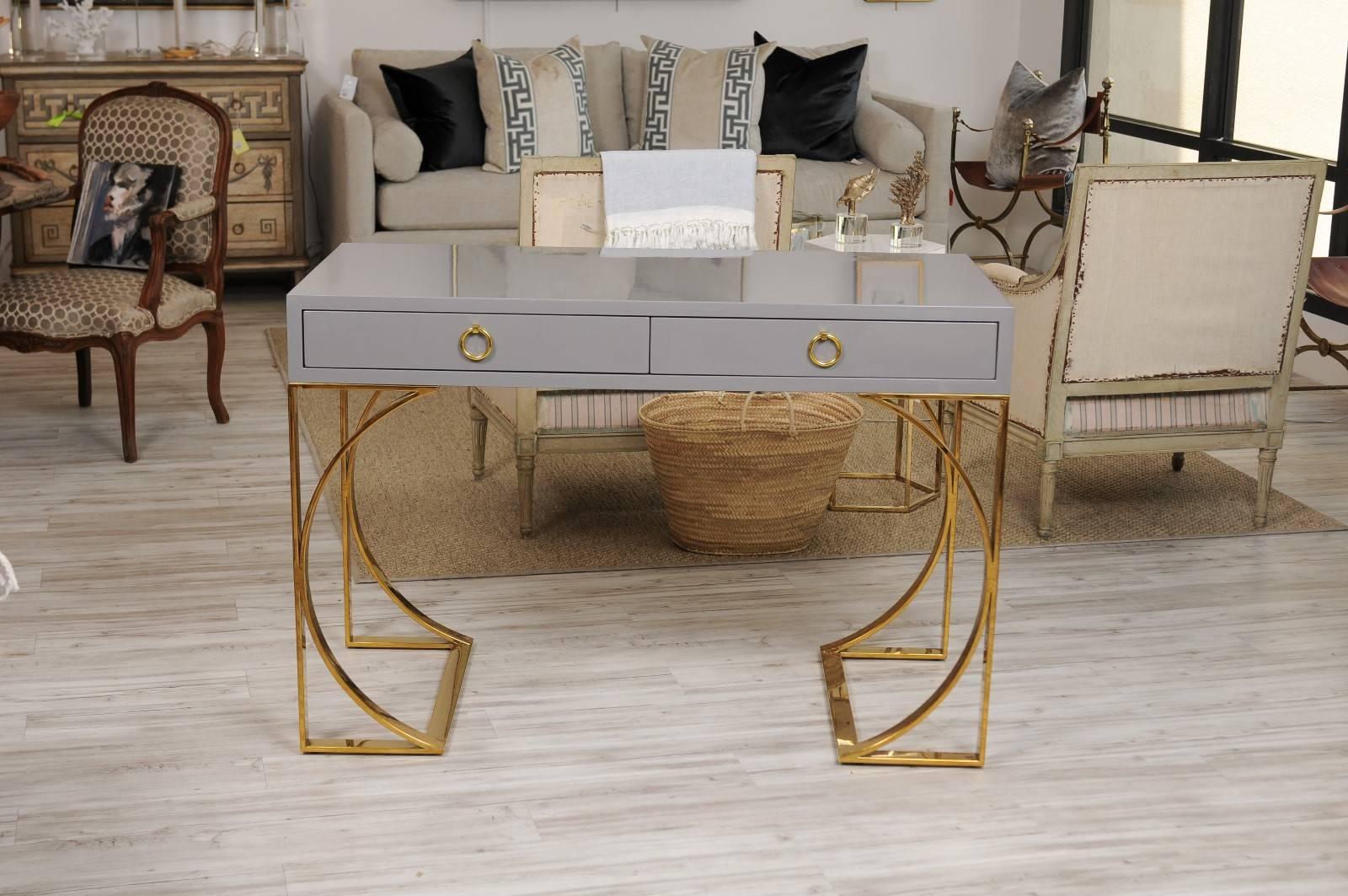 American Grey Lacquer Two-Drawer Desk with Half-Moon Arched Brass Base