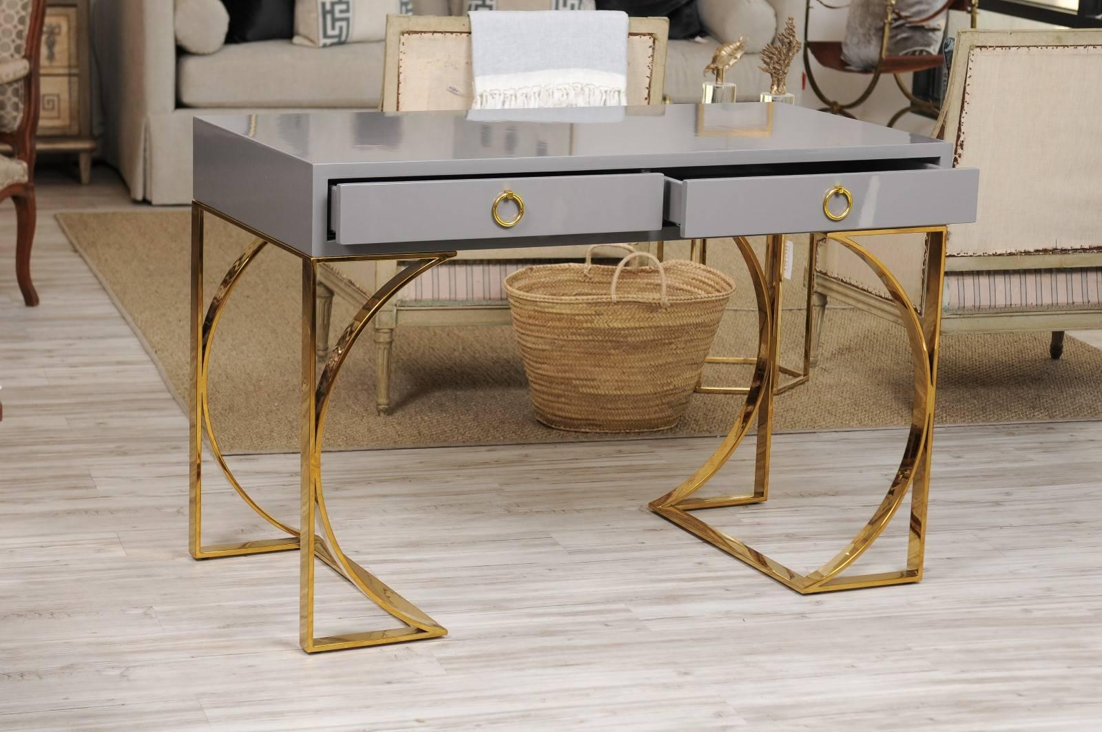 Contemporary Grey Lacquer Two-Drawer Desk with Half-Moon Arched Brass Base