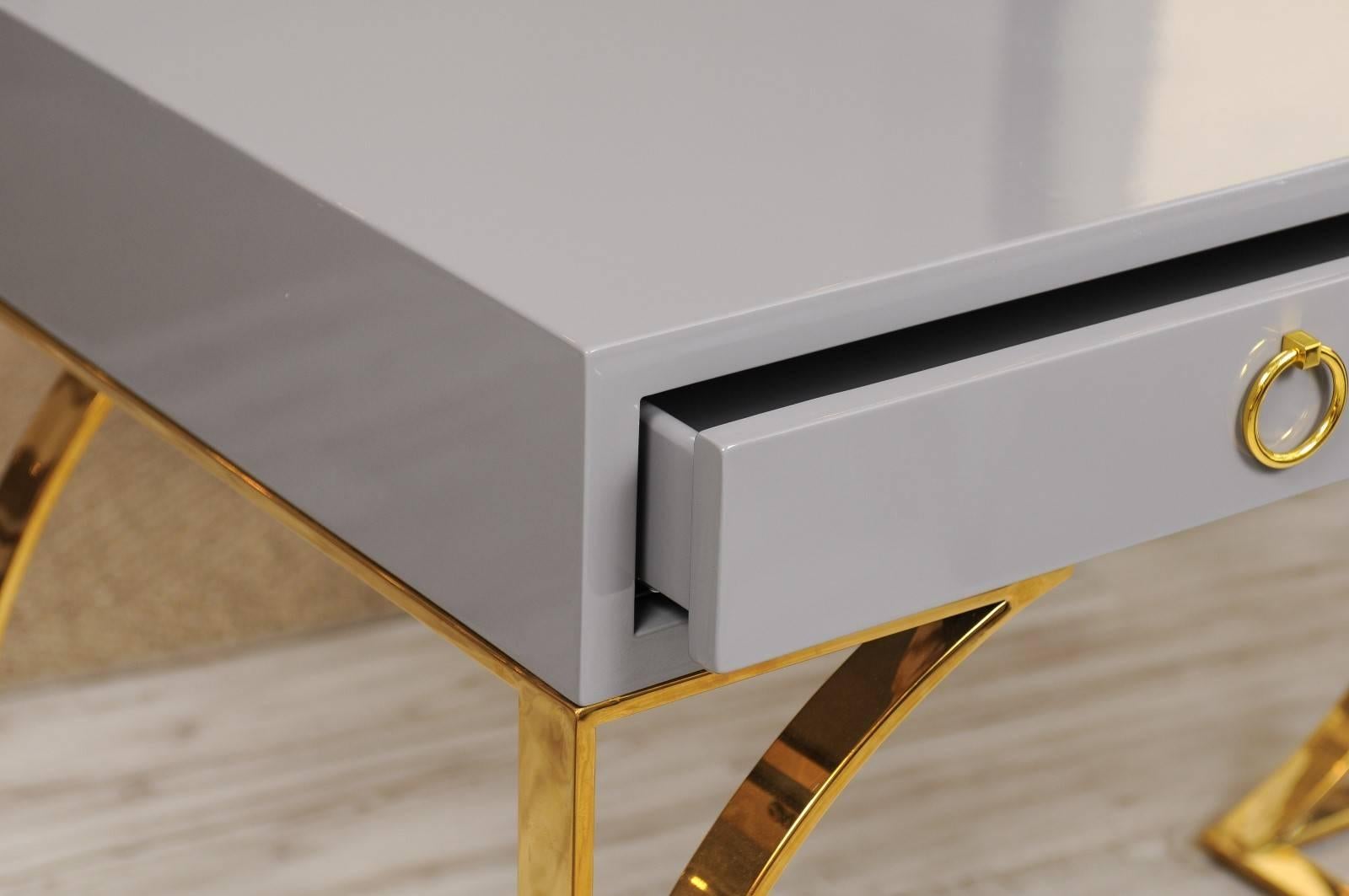 Grey Lacquer Two-Drawer Desk with Half-Moon Arched Brass Base 1