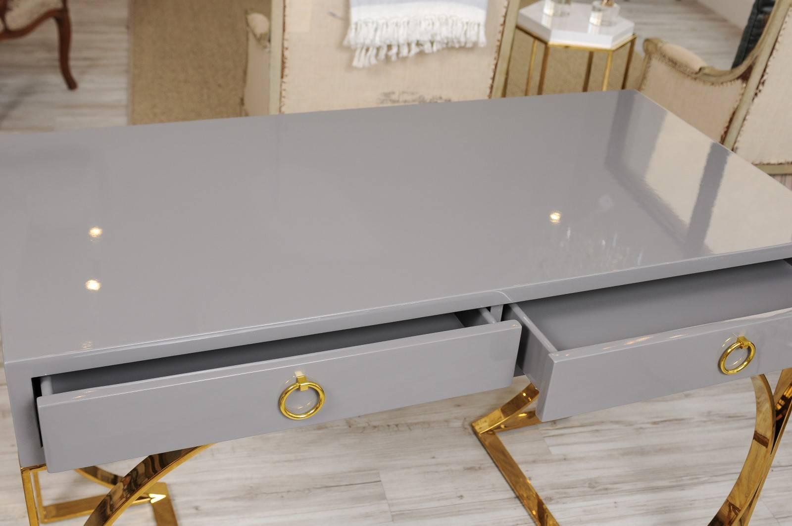 Grey Lacquer Two-Drawer Desk with Half-Moon Arched Brass Base 2