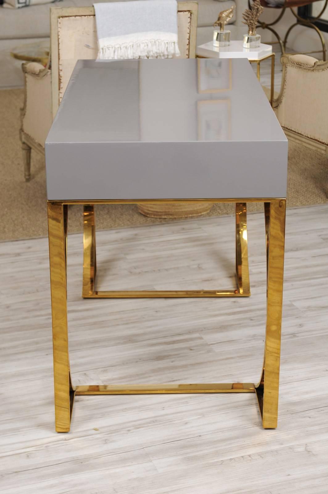 Grey Lacquer Two-Drawer Desk with Half-Moon Arched Brass Base 3
