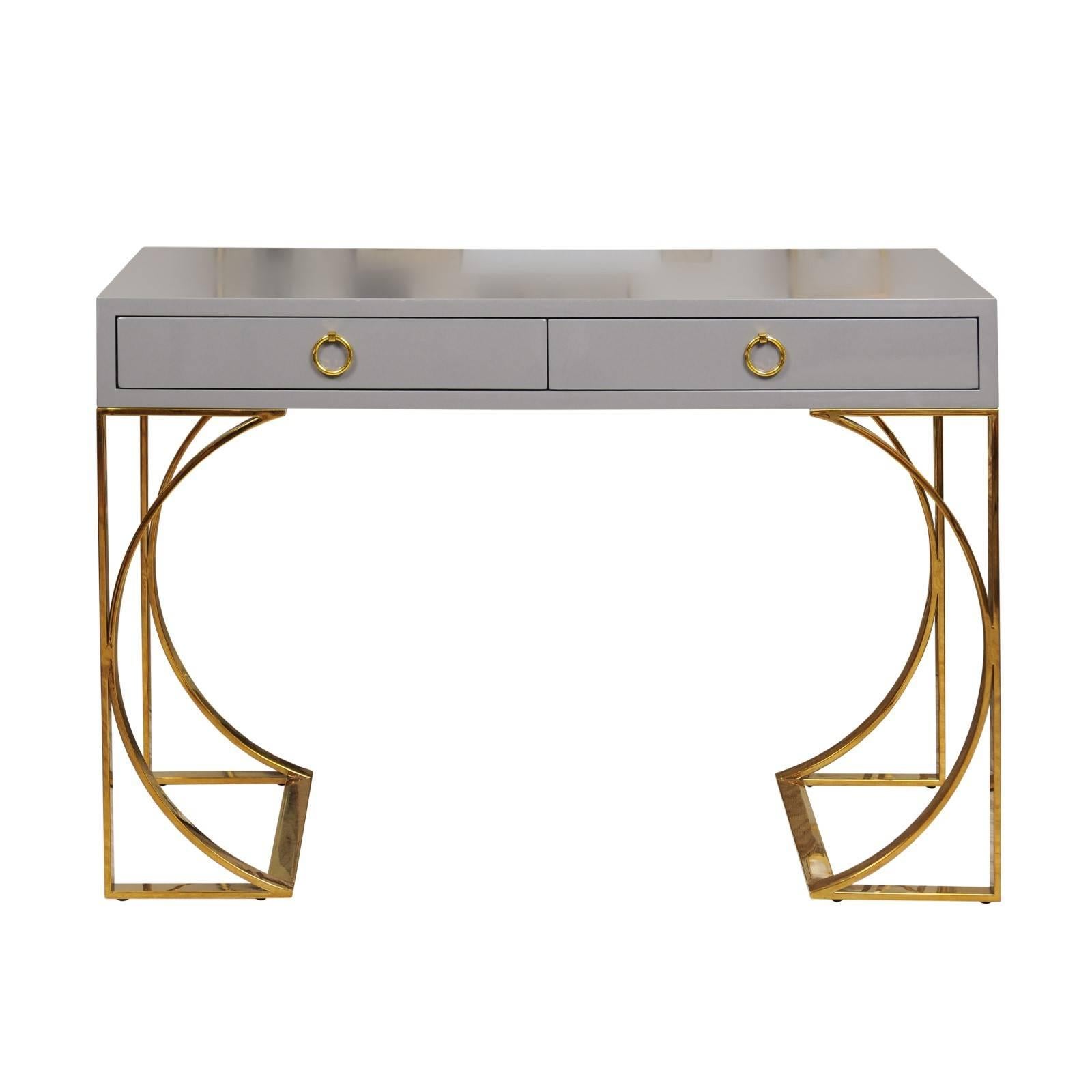 Grey Lacquer Two-Drawer Desk with Half-Moon Arched Brass Base