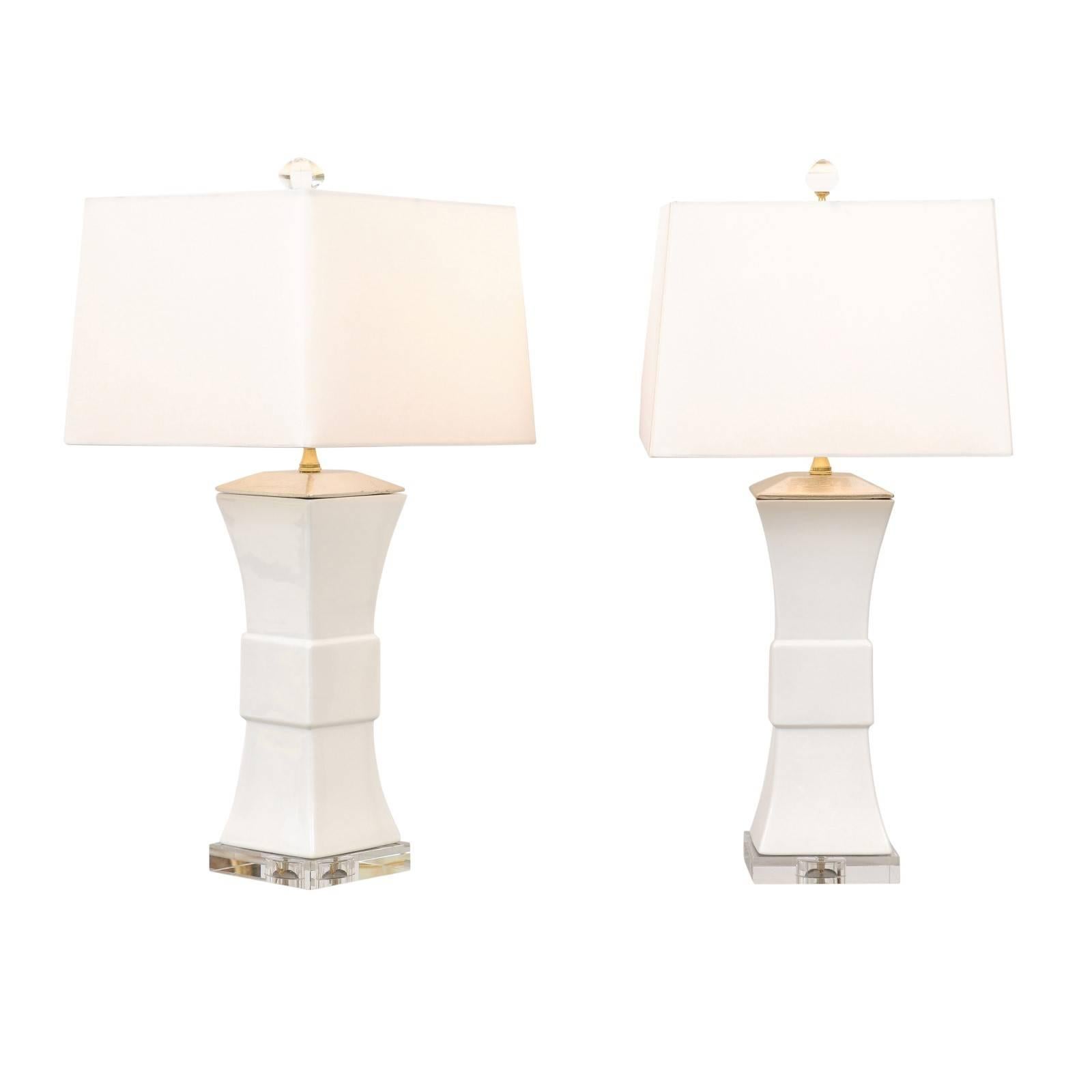 Pair of Contemporary White Porcelain Concave Table Lamps on Square Crystal Bases