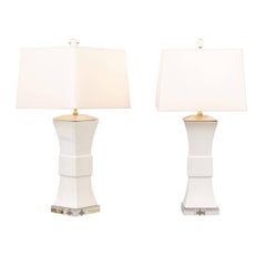 Pair of Contemporary White Porcelain Concave Table Lamps on Square Crystal Bases