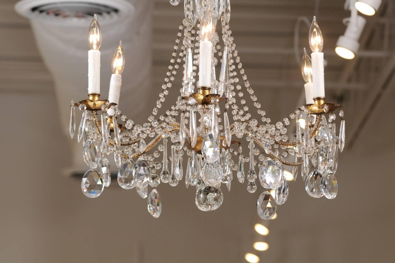 French Vintage Six-Light Crystal Chandelier with Gilt Metal Armature, circa 1930 In Good Condition In Atlanta, GA