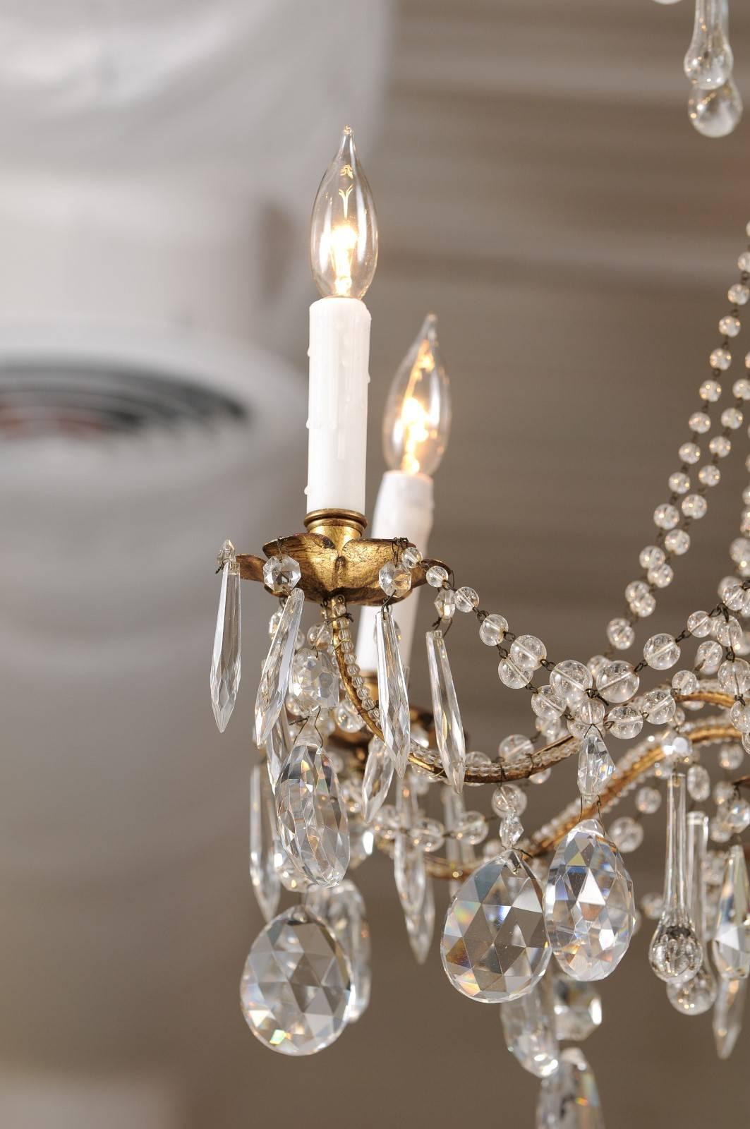 20th Century French Vintage Six-Light Crystal Chandelier with Gilt Metal Armature, circa 1930