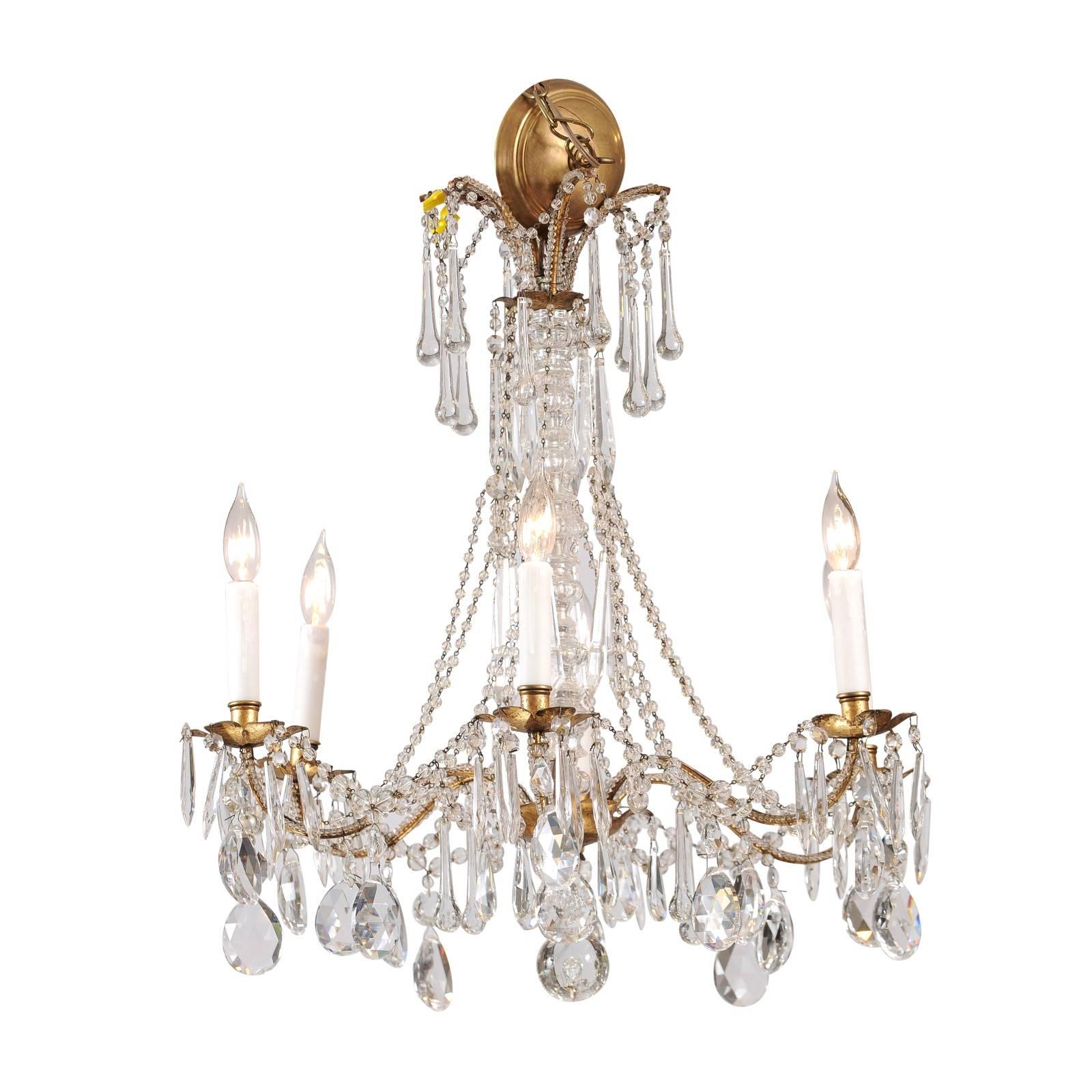 French Vintage Six-Light Crystal Chandelier with Gilt Metal Armature, circa 1930