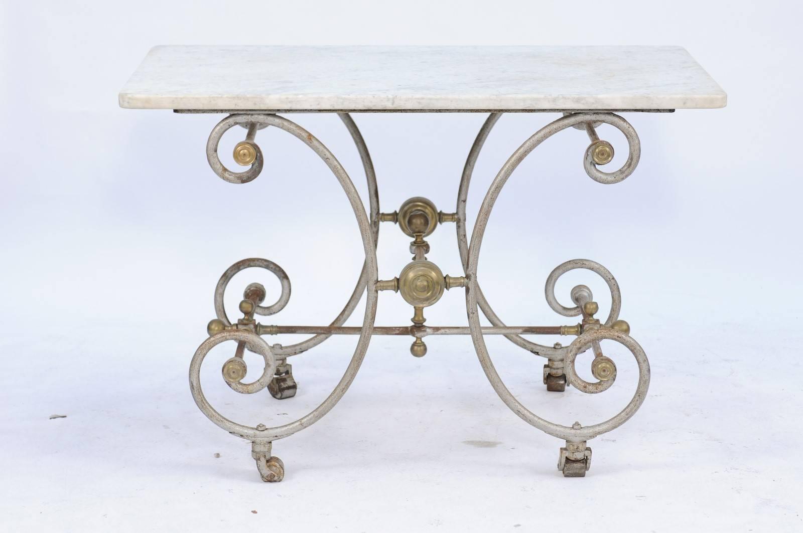 20th Century French Iron and Marble-Top Baker's Table with Curly Gilded Legs and Casters