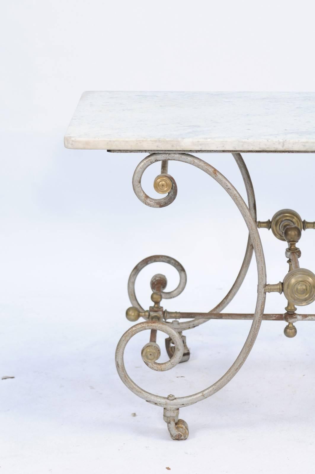 French Iron and Marble-Top Baker's Table with Curly Gilded Legs and Casters 1