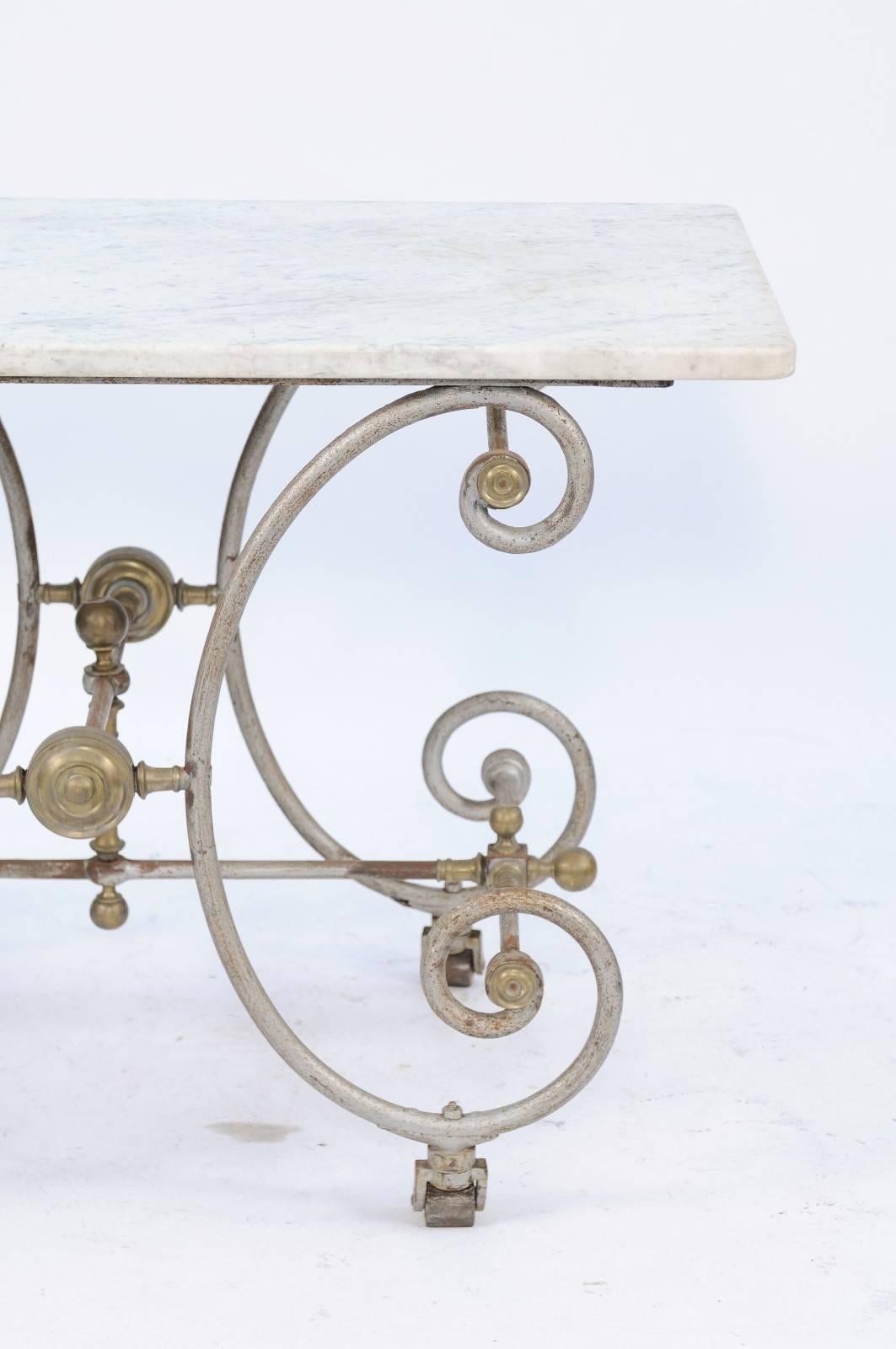 French Iron and Marble-Top Baker's Table with Curly Gilded Legs and Casters 2