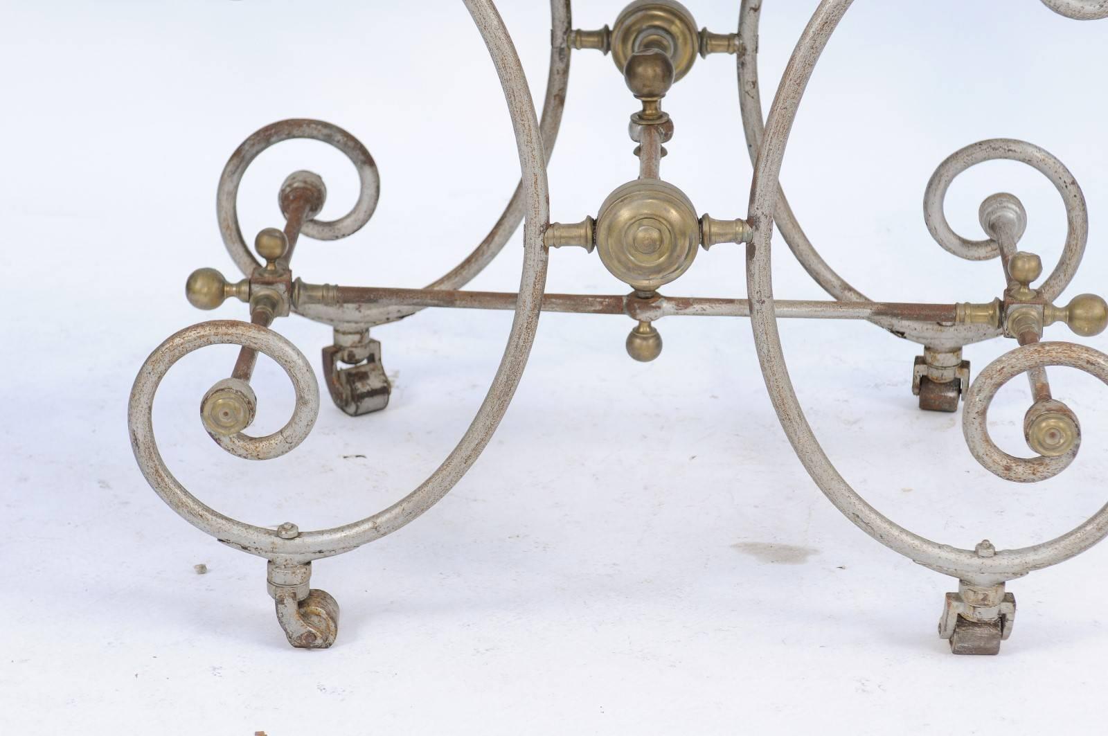 French Iron and Marble-Top Baker's Table with Curly Gilded Legs and Casters 3