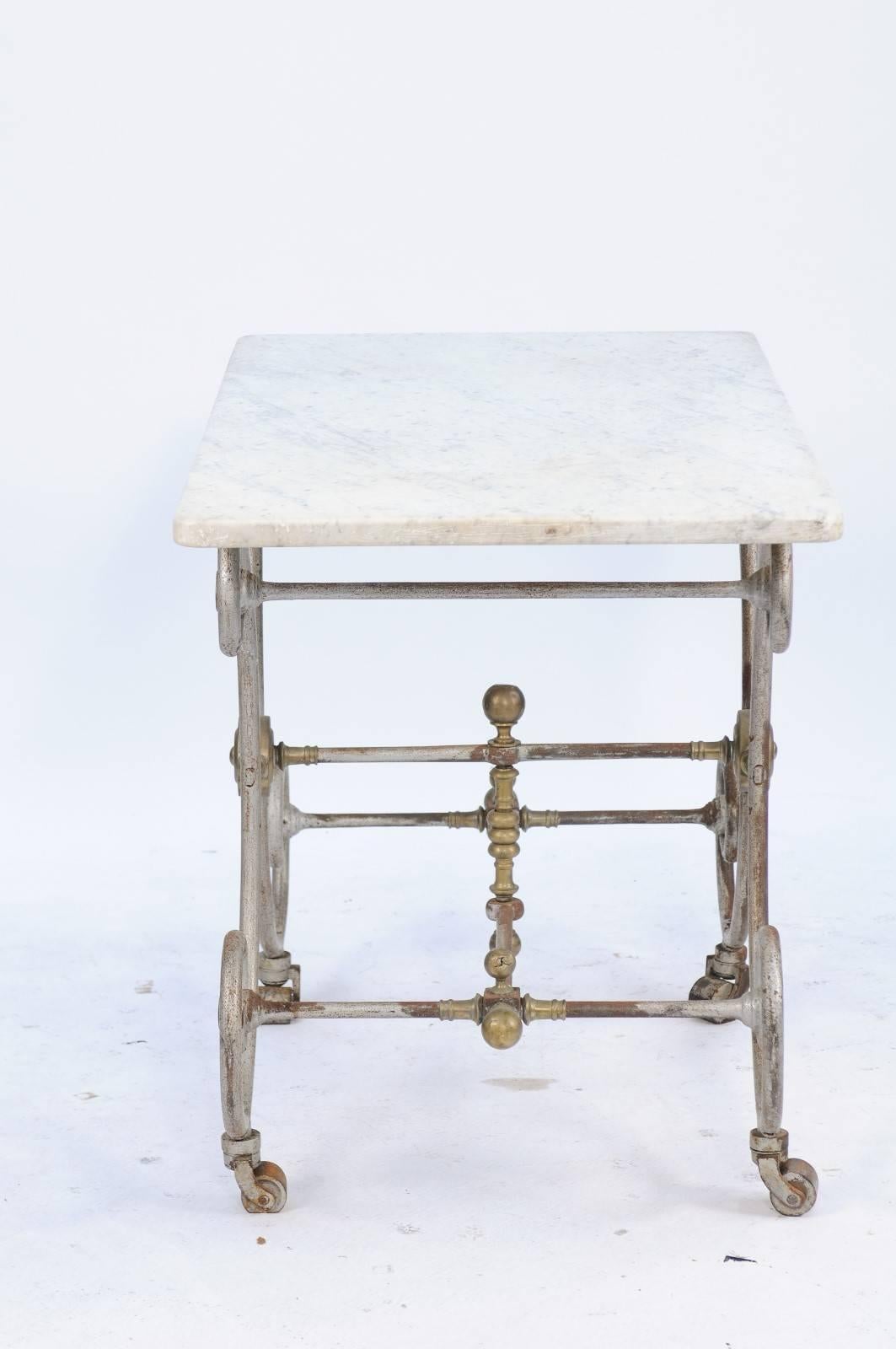 French Iron and Marble-Top Baker's Table with Curly Gilded Legs and Casters 5