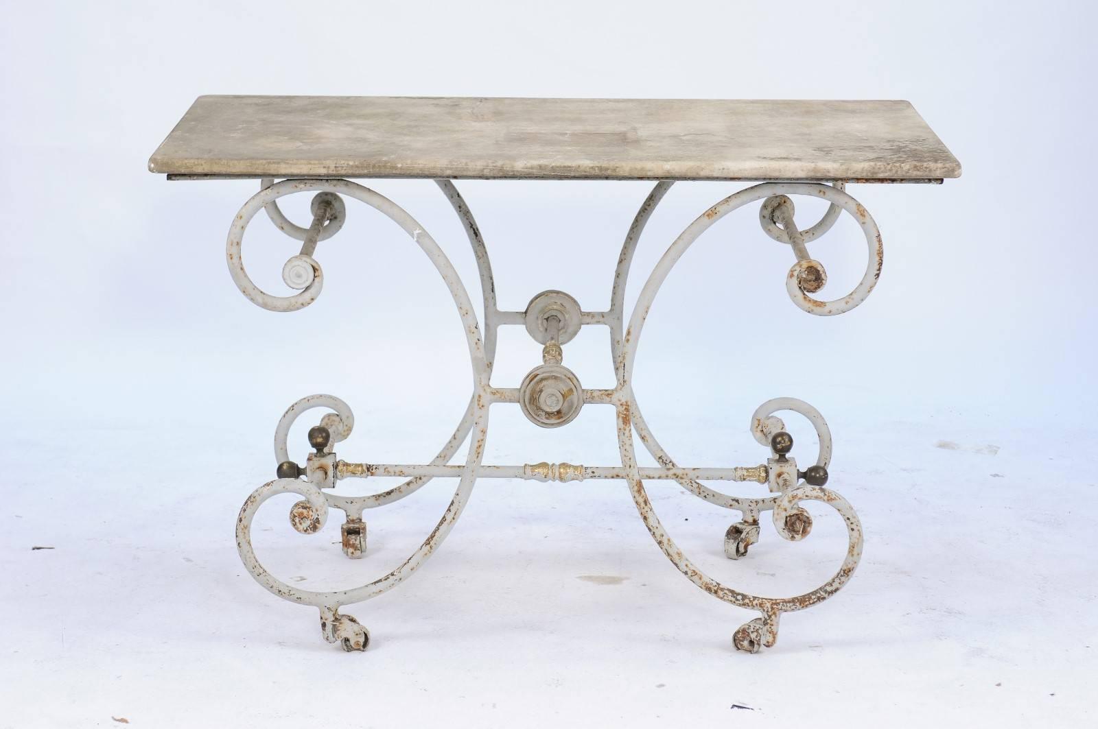 French Baker's Table with C-Scroll Iron Base and Stone Top, Early 20th Century 5