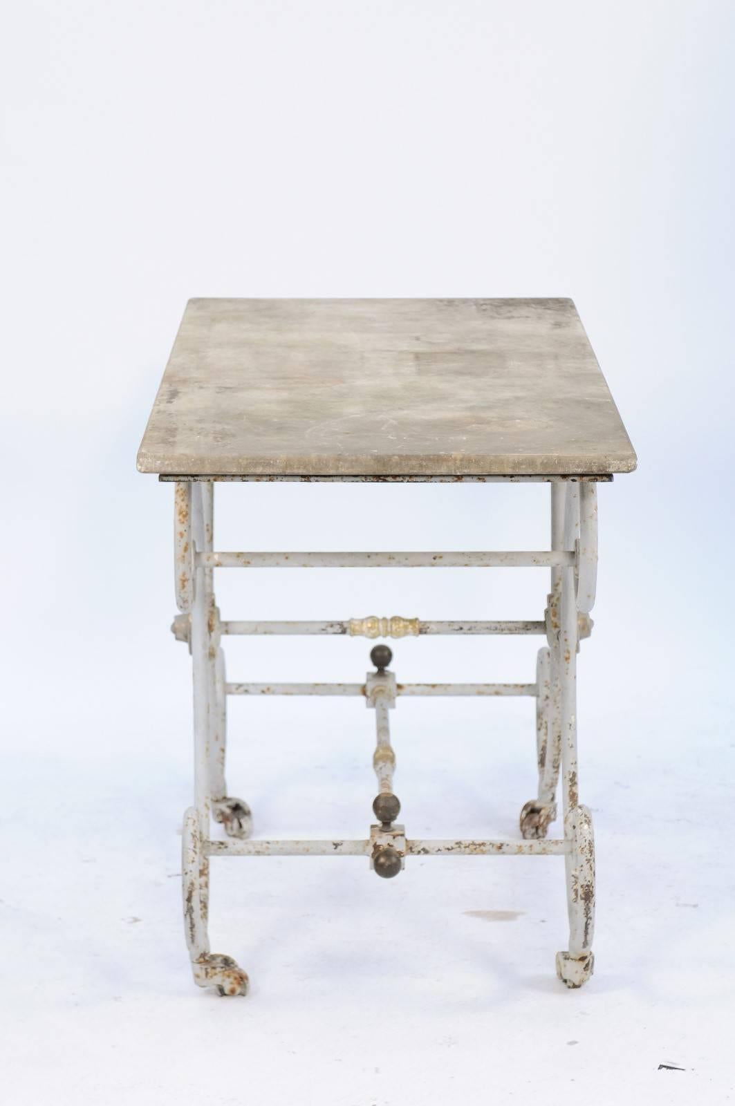 French Baker's Table with C-Scroll Iron Base and Stone Top, Early 20th Century 2