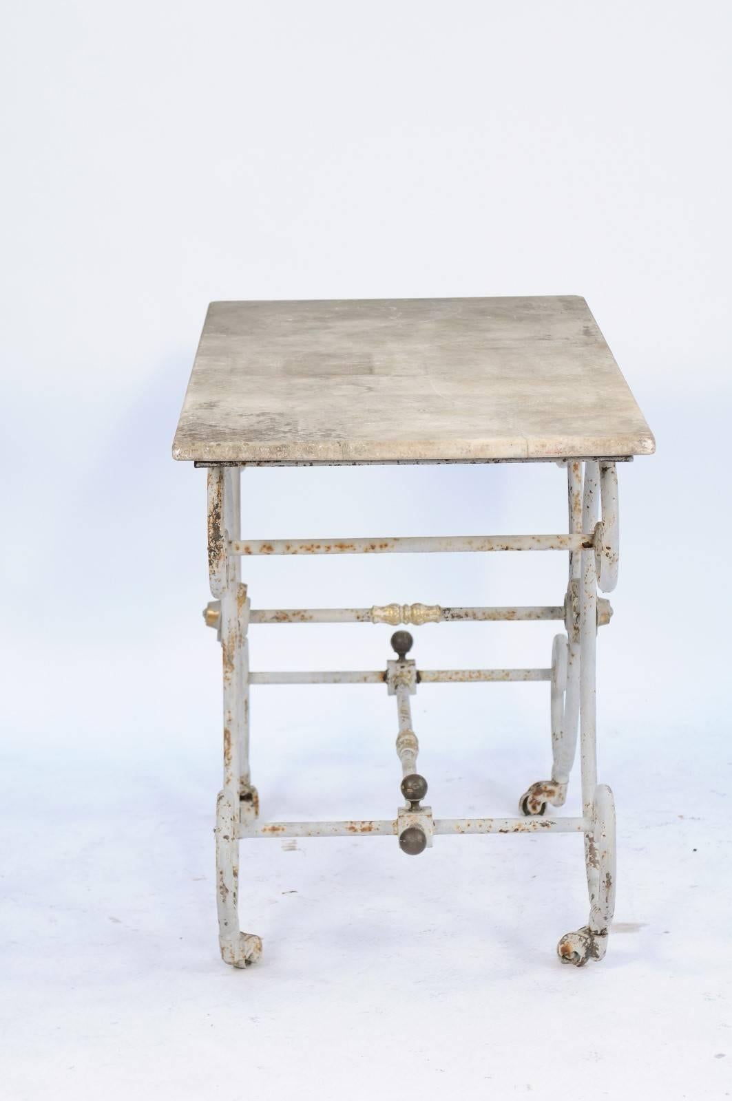 French Baker's Table with C-Scroll Iron Base and Stone Top, Early 20th Century 4