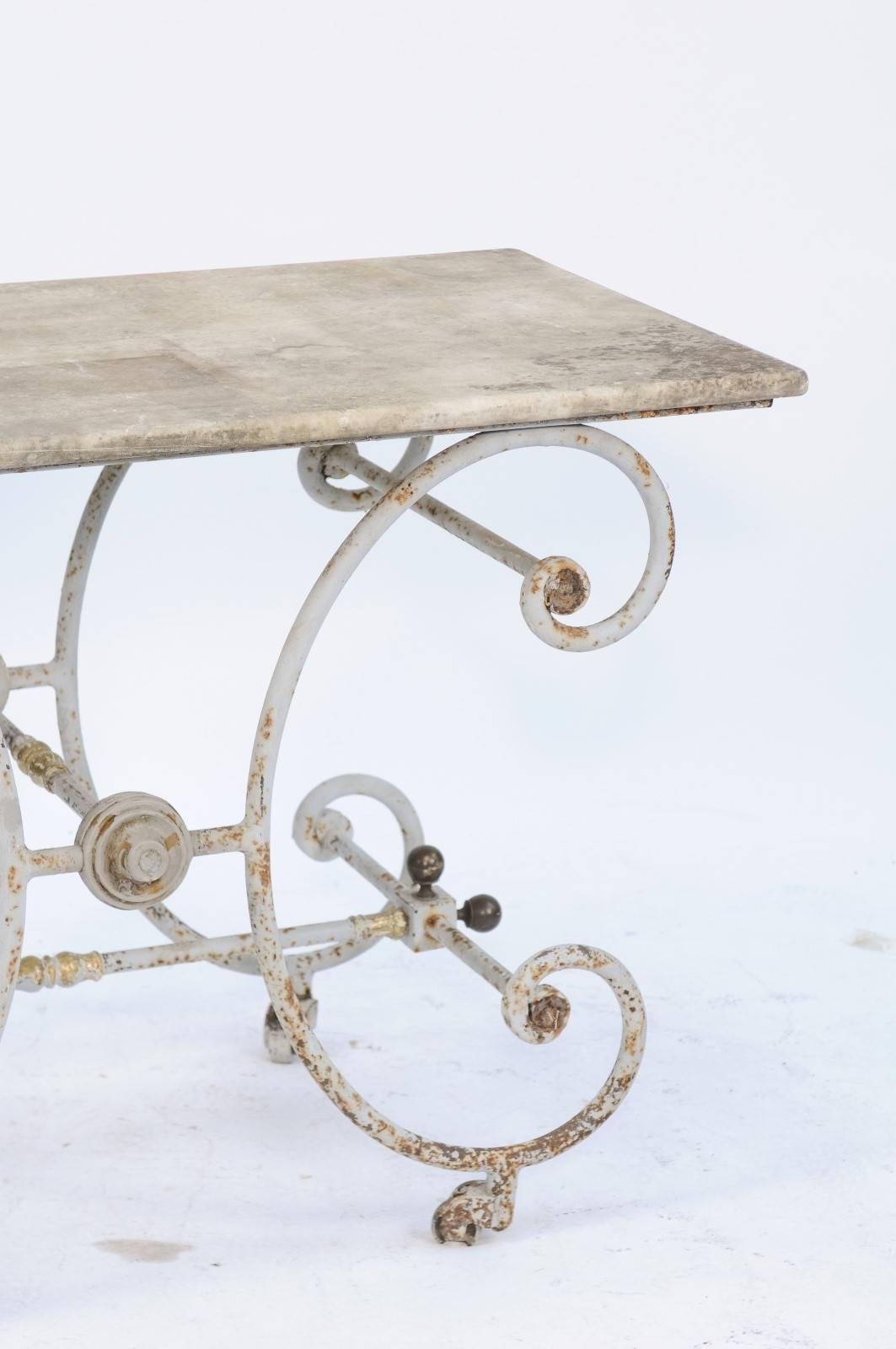 French Baker's Table with C-Scroll Iron Base and Stone Top, Early 20th Century In Good Condition In Atlanta, GA