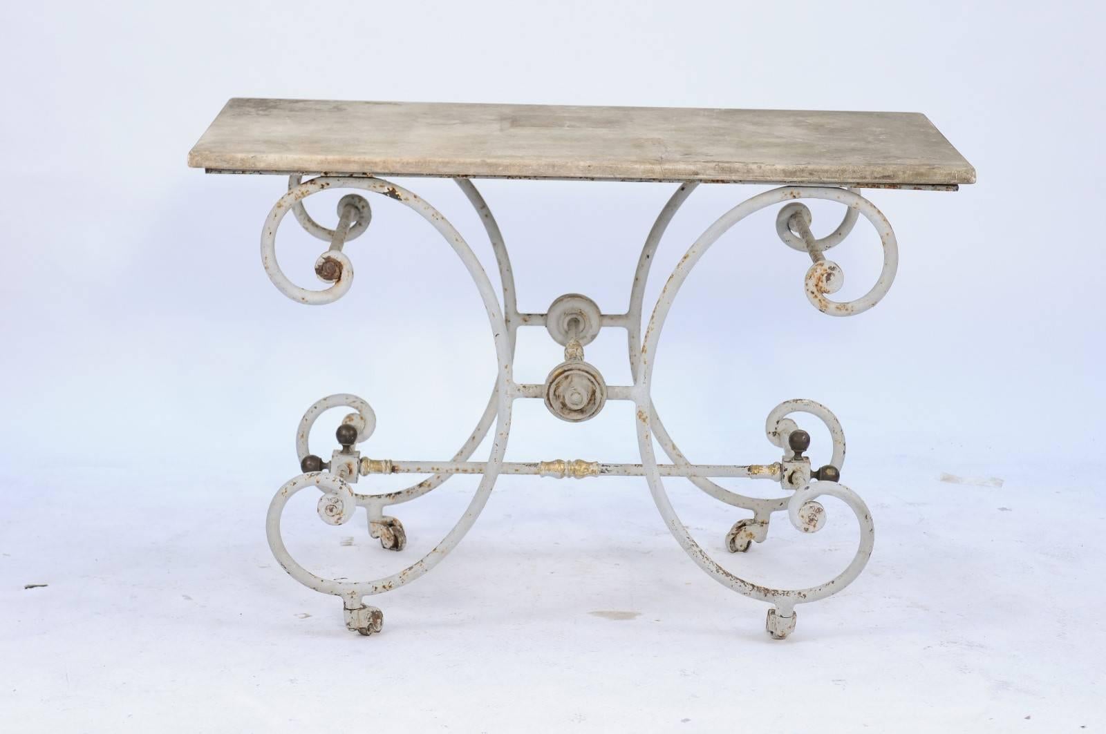 French Baker's Table with C-Scroll Iron Base and Stone Top, Early 20th Century 3