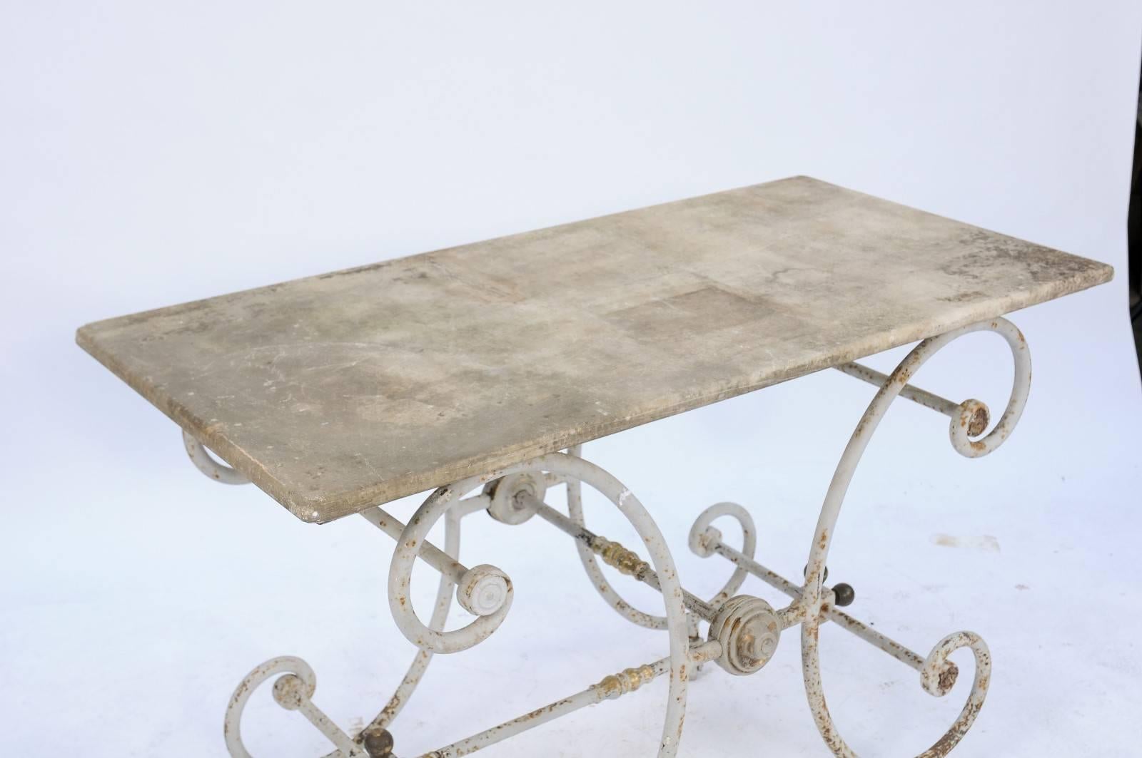 Brass French Baker's Table with C-Scroll Iron Base and Stone Top, Early 20th Century