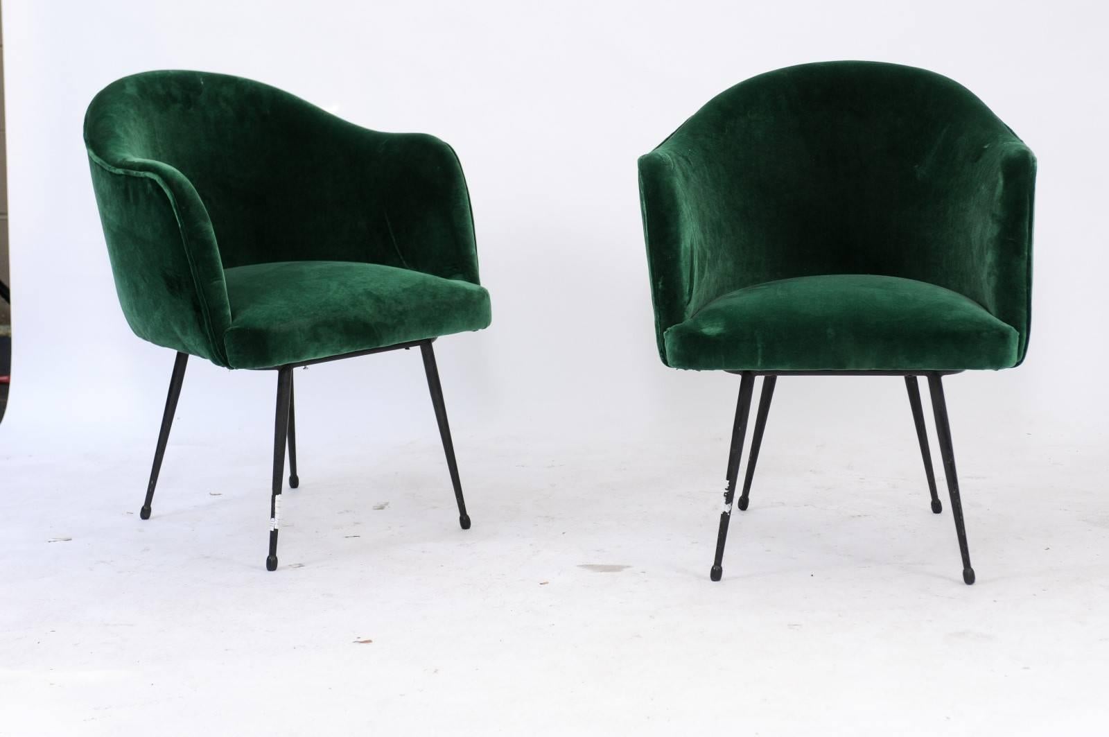 Mid-Century Modern Pair of French Mid-Century Green Velvet Upholstered Tub Armchairs