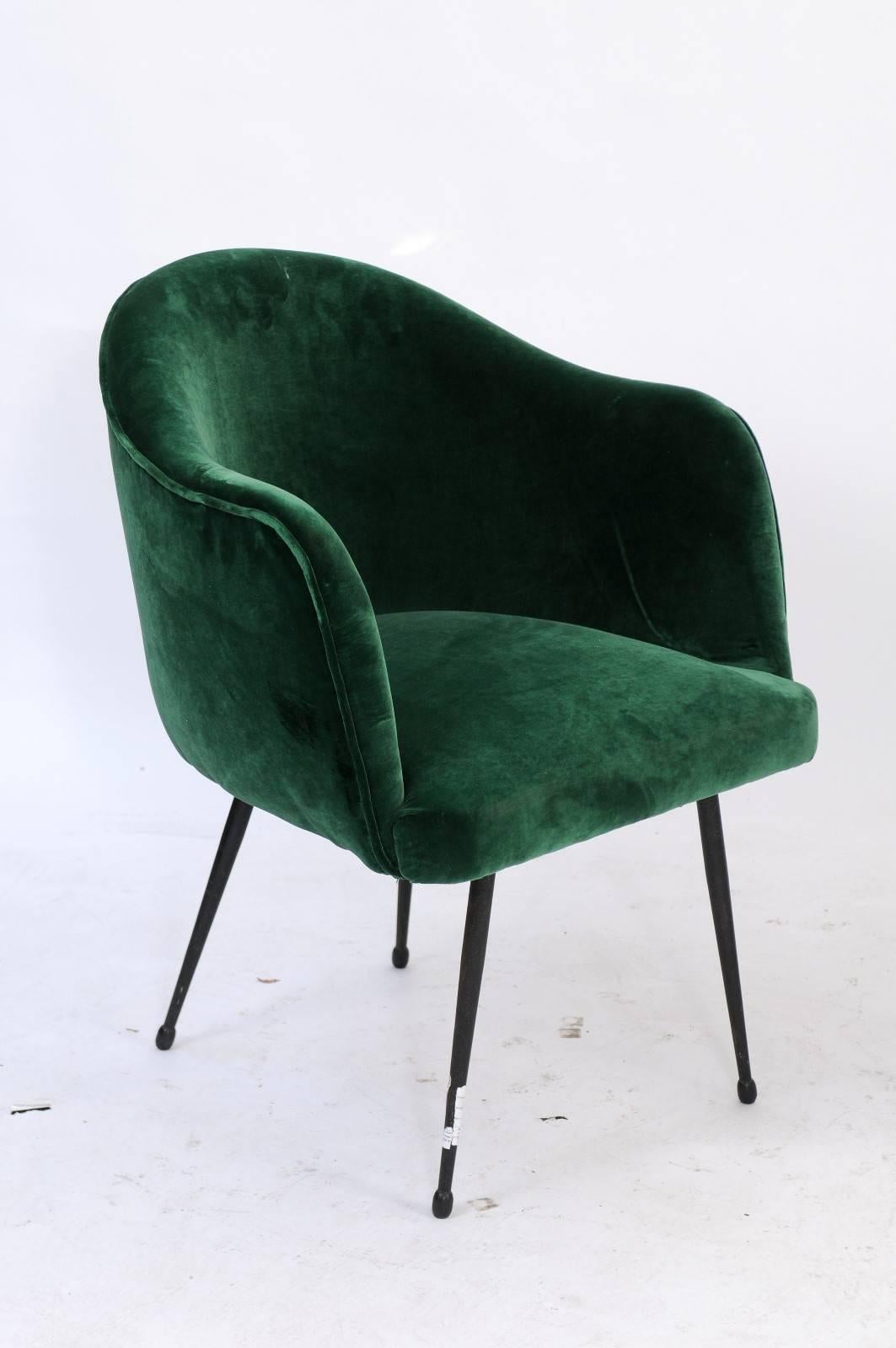 20th Century Pair of French Mid-Century Green Velvet Upholstered Tub Armchairs