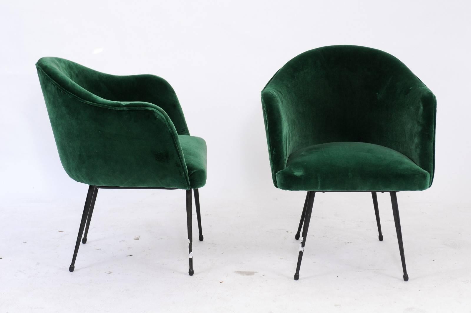 Metal Pair of French Mid-Century Green Velvet Upholstered Tub Armchairs