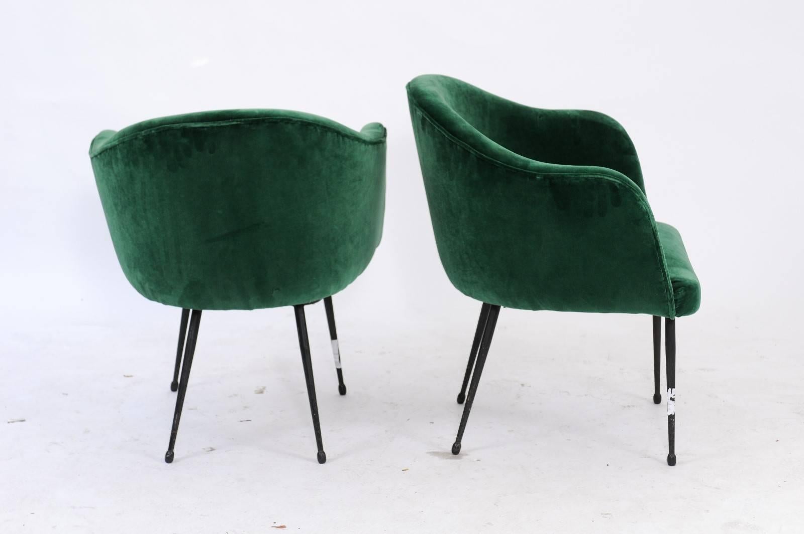Pair of French Mid-Century Green Velvet Upholstered Tub Armchairs 1