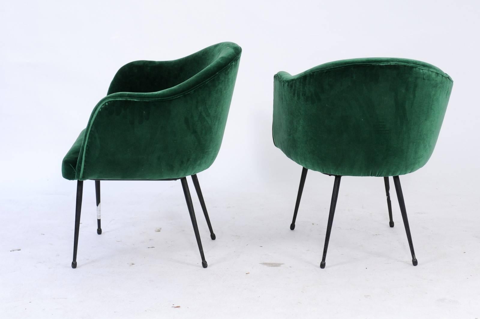 Pair of French Mid-Century Green Velvet Upholstered Tub Armchairs 2