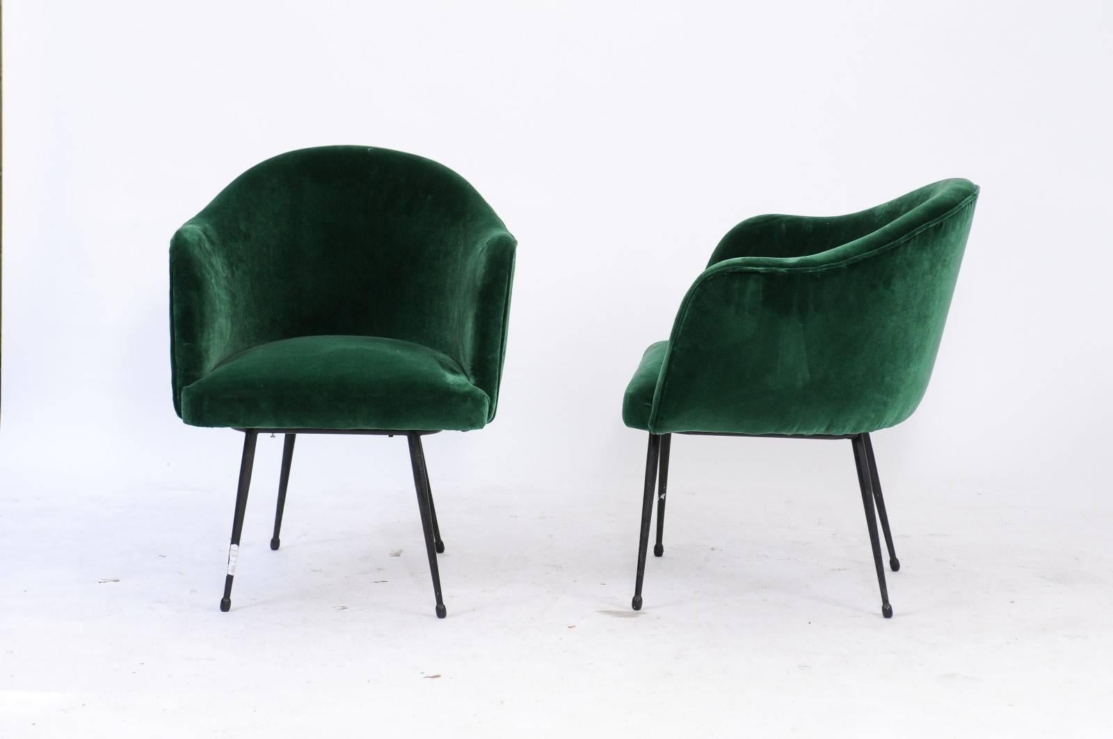 Pair of French Mid-Century Green Velvet Upholstered Tub Armchairs 3