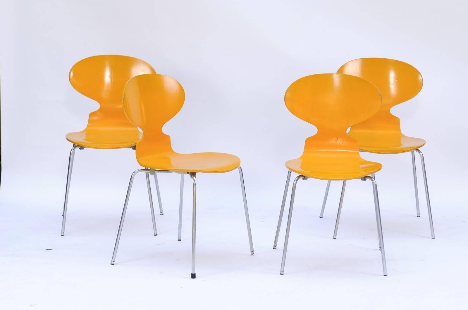 Painted Set of Four 1970s Arne Jacobsen Danish 'Fourmi' Side Chairs with Sunny Color