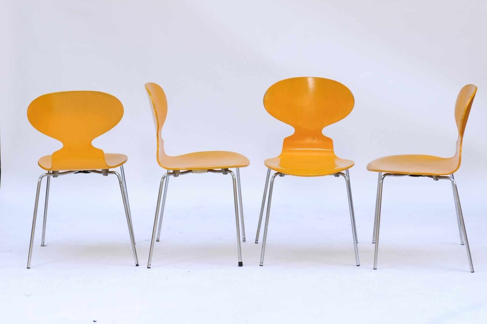Set of Four 1970s Arne Jacobsen Danish 'Fourmi' Side Chairs with Sunny Color In Good Condition In Atlanta, GA