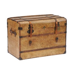 Antique 1920s, French Travel Trunk Coffee Table with Leather Straps and Compartments