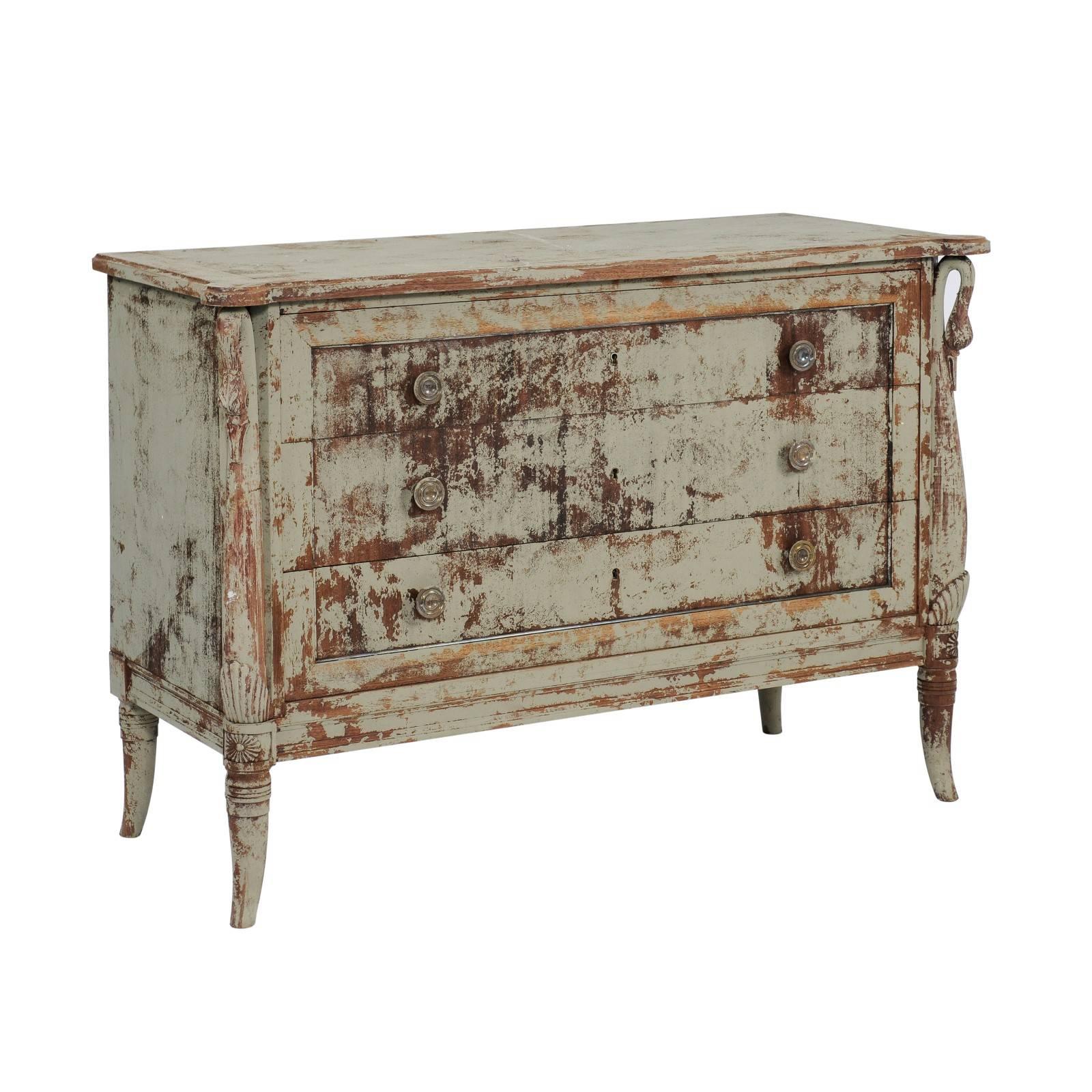Art Nouveau Style French Painted Three-Drawer Commode with Swan Motifs For Sale