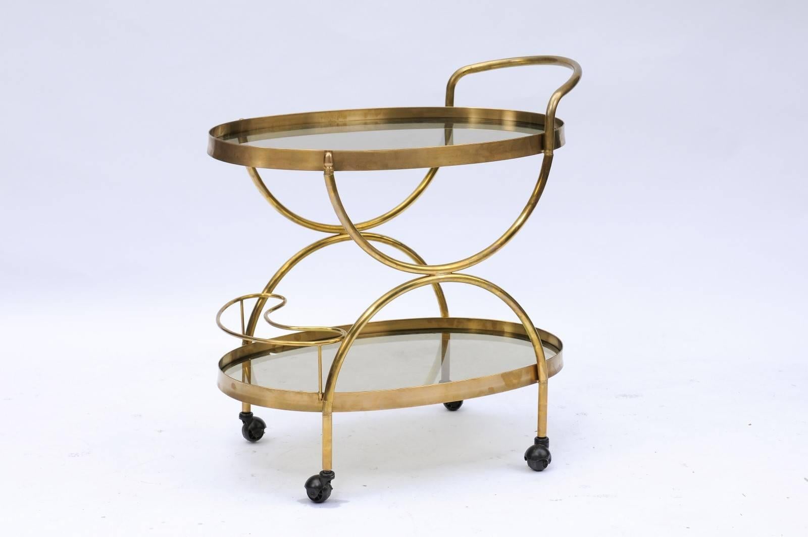 Florentine, 1950s, Two-Tiered Oval Brass and Glass Bar Cart with Curvy Lines 2