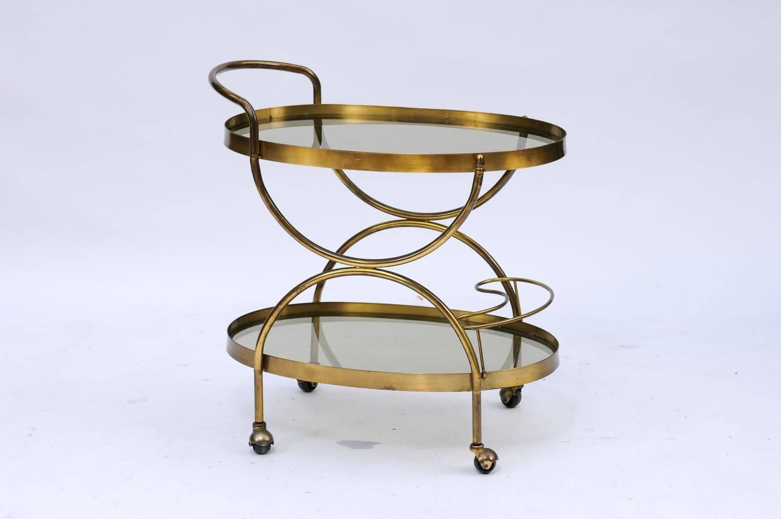 Florentine, 1950s, Two-Tiered Oval Brass and Glass Bar Cart with Curvy Lines 3