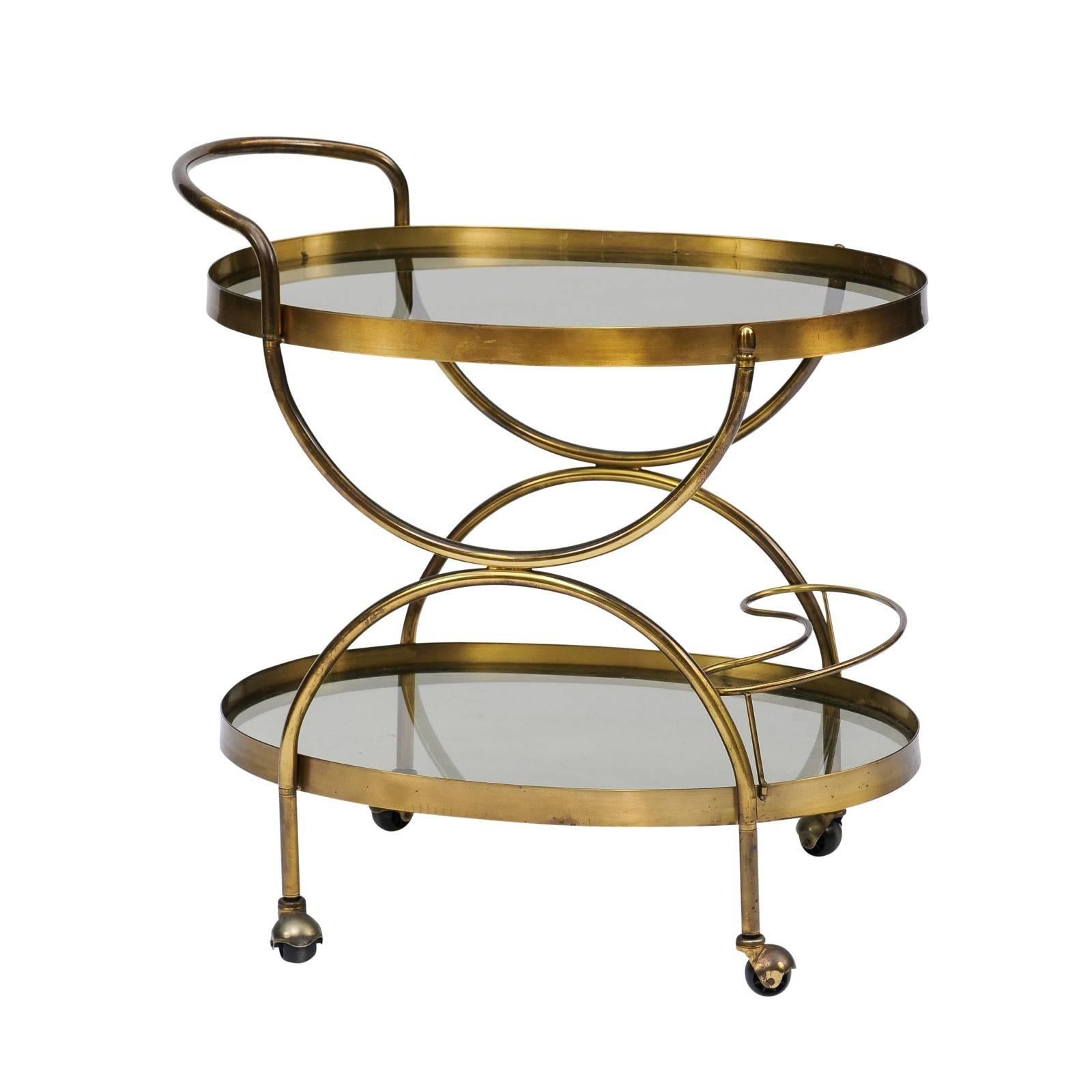 Florentine, 1950s, Two-Tiered Oval Brass and Glass Bar Cart with Curvy Lines 4