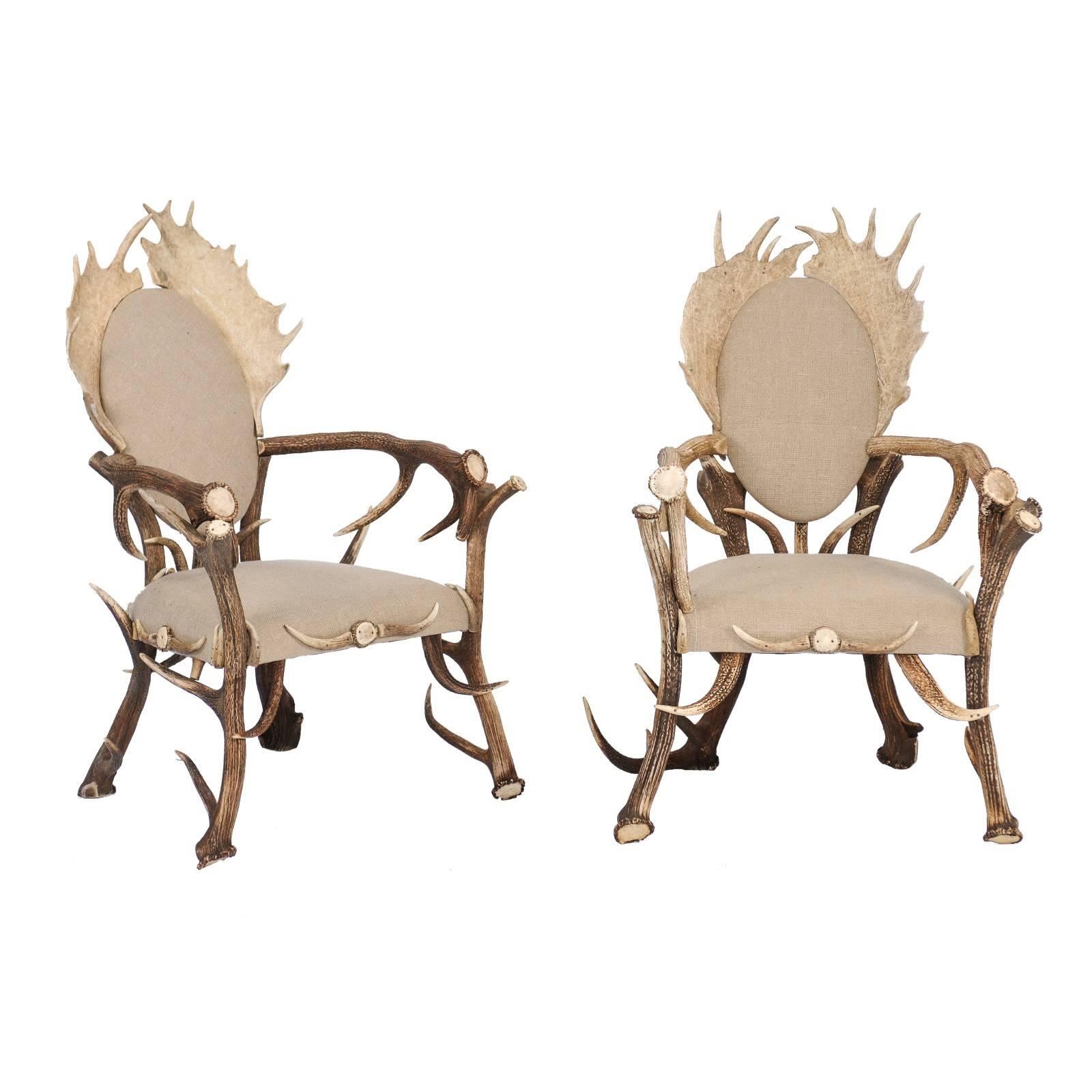 Pair of Antler Armchairs from the Forests of France and Upholstered in Linen