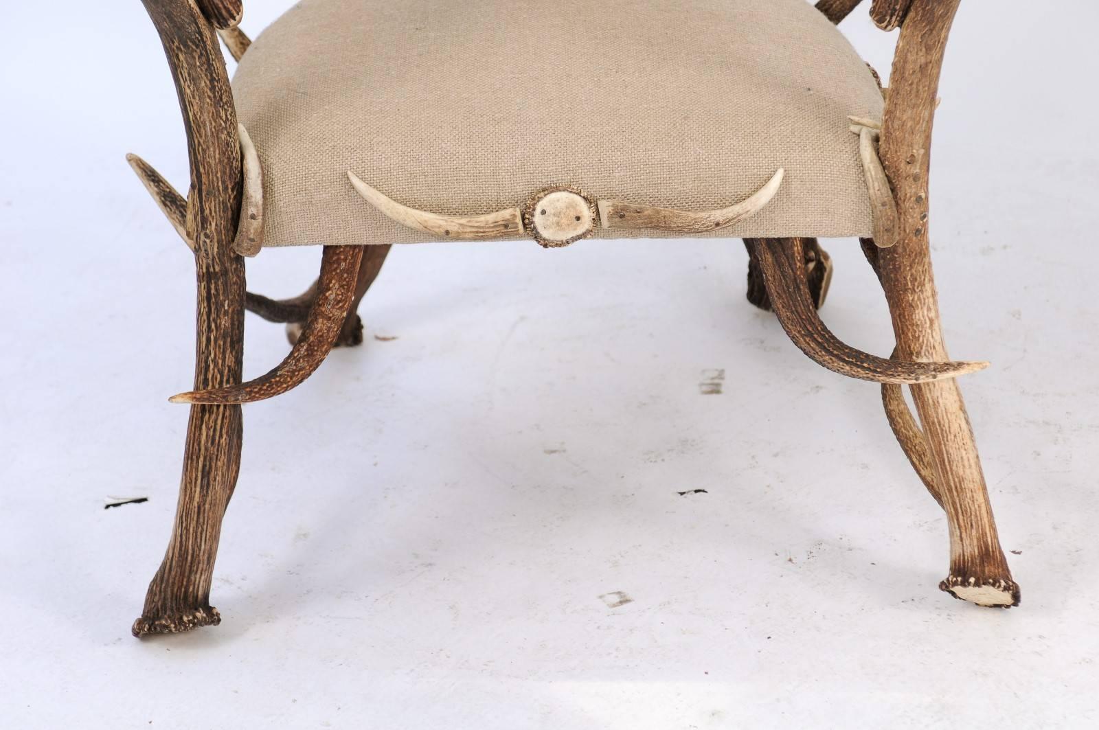 Pair of Antler Armchairs from the Forests of France and Upholstered in Linen 1