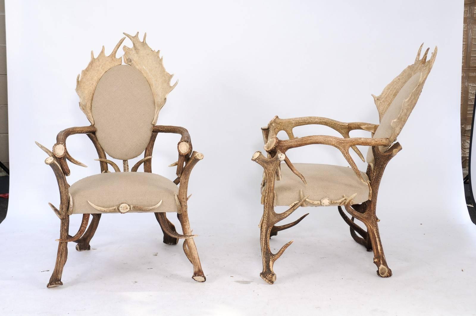 Country Pair of Antler Armchairs from the Forests of France and Upholstered in Linen