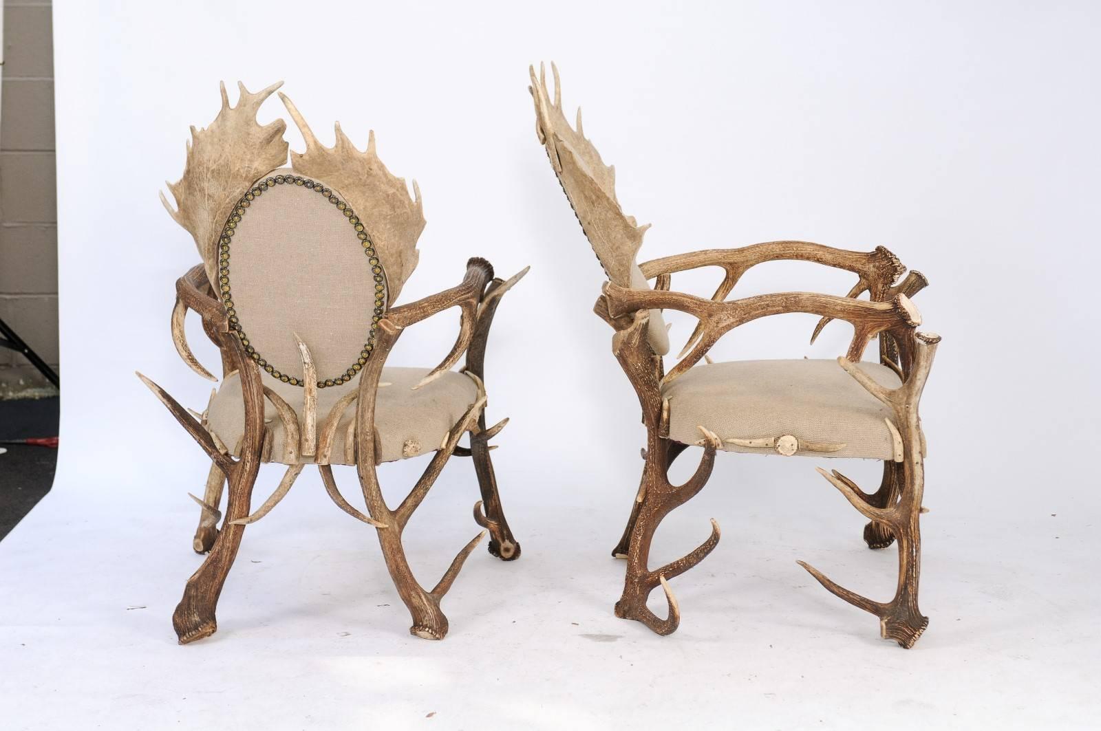 French Pair of Antler Armchairs from the Forests of France and Upholstered in Linen