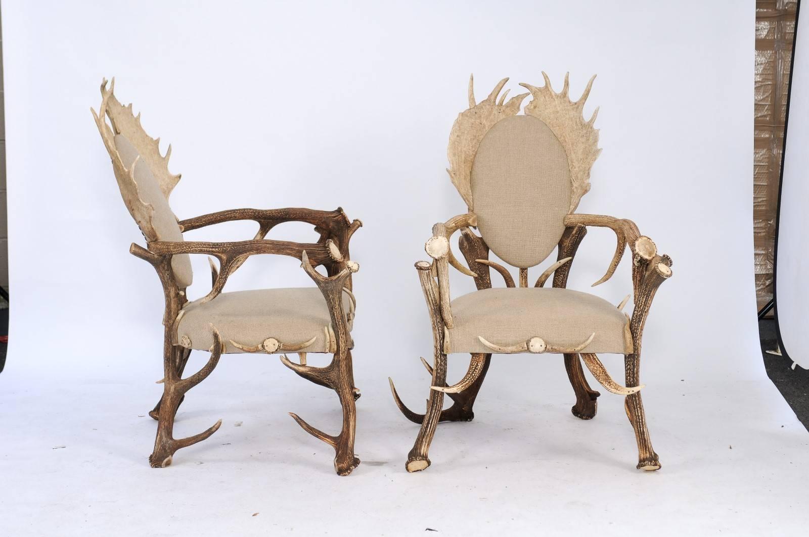Pair of Antler Armchairs from the Forests of France and Upholstered in Linen In Good Condition In Atlanta, GA