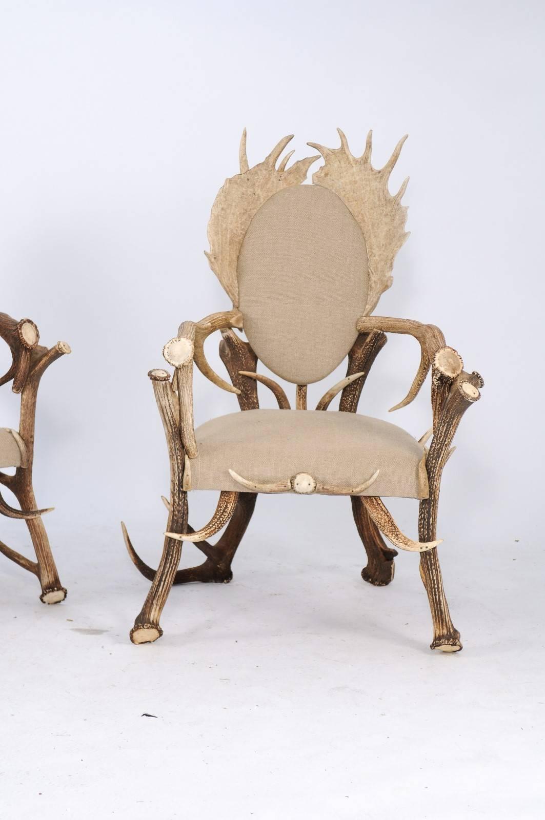 20th Century Pair of Antler Armchairs from the Forests of France and Upholstered in Linen