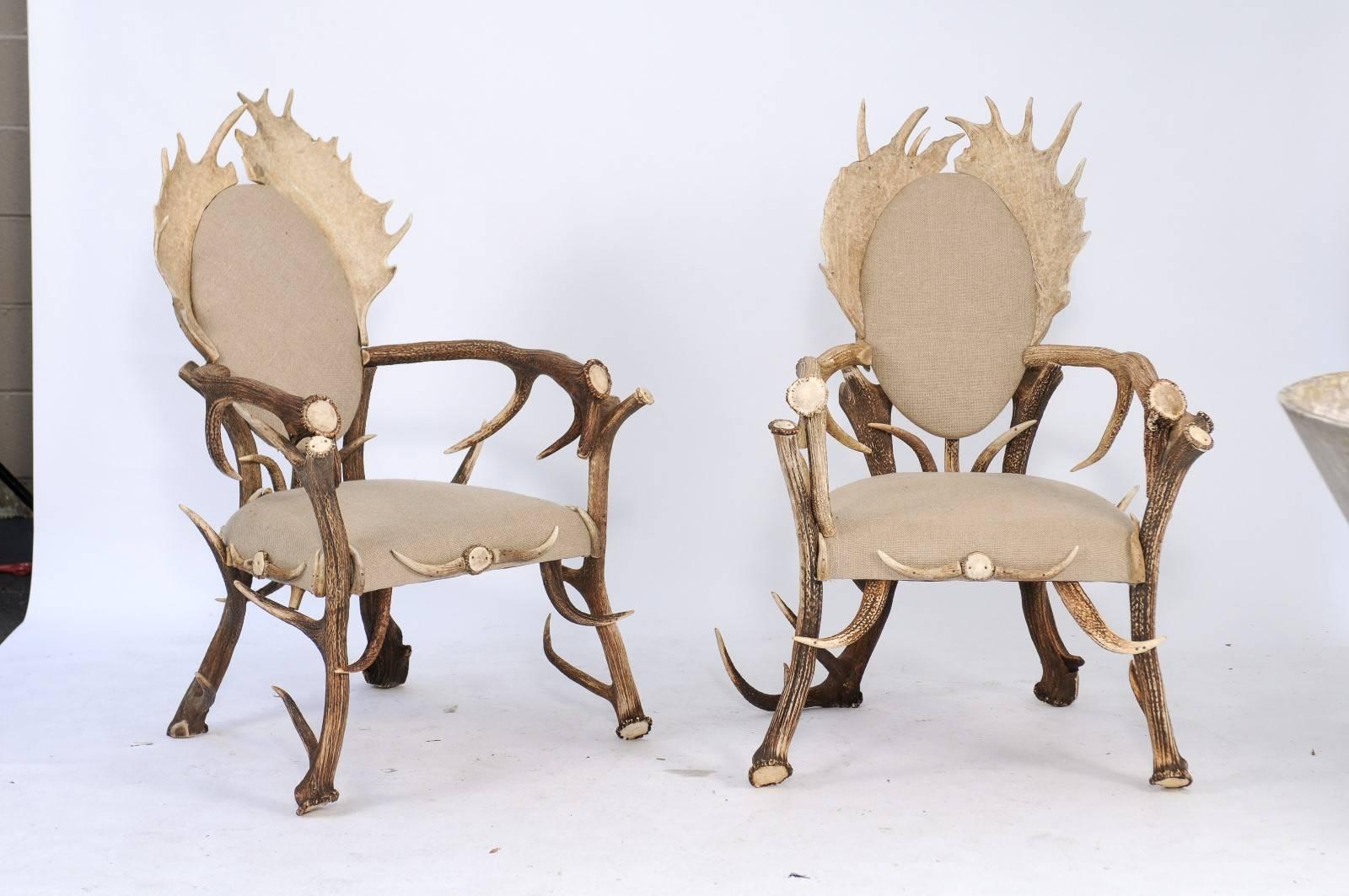 Pair of Antler Armchairs from the Forests of France and Upholstered in Linen 4