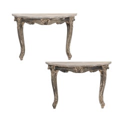 Pair of French Late 19th Century Louis XV Style Stripped Oak Demilune Tables